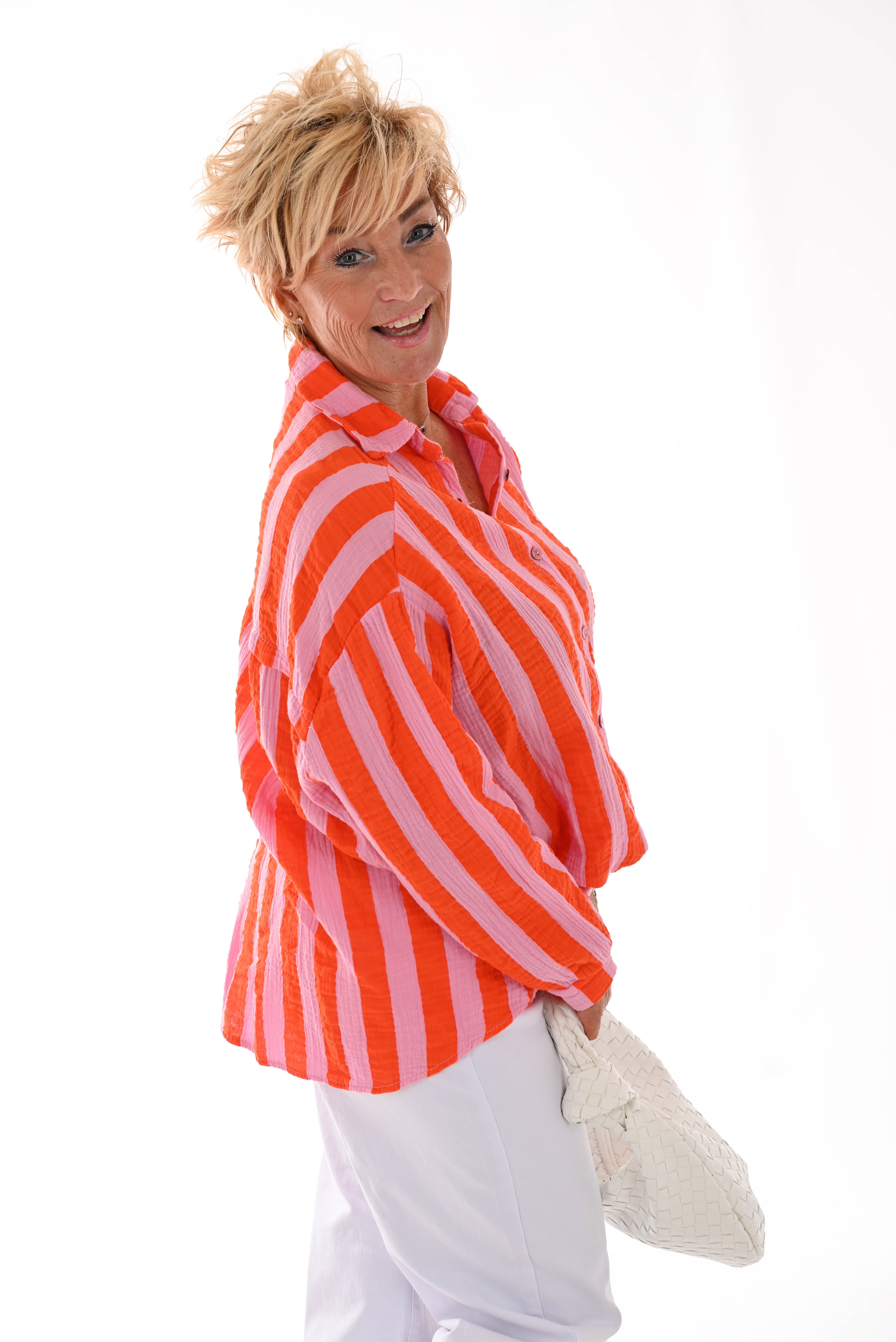 Blouse wafel brede strepen oranje/roze