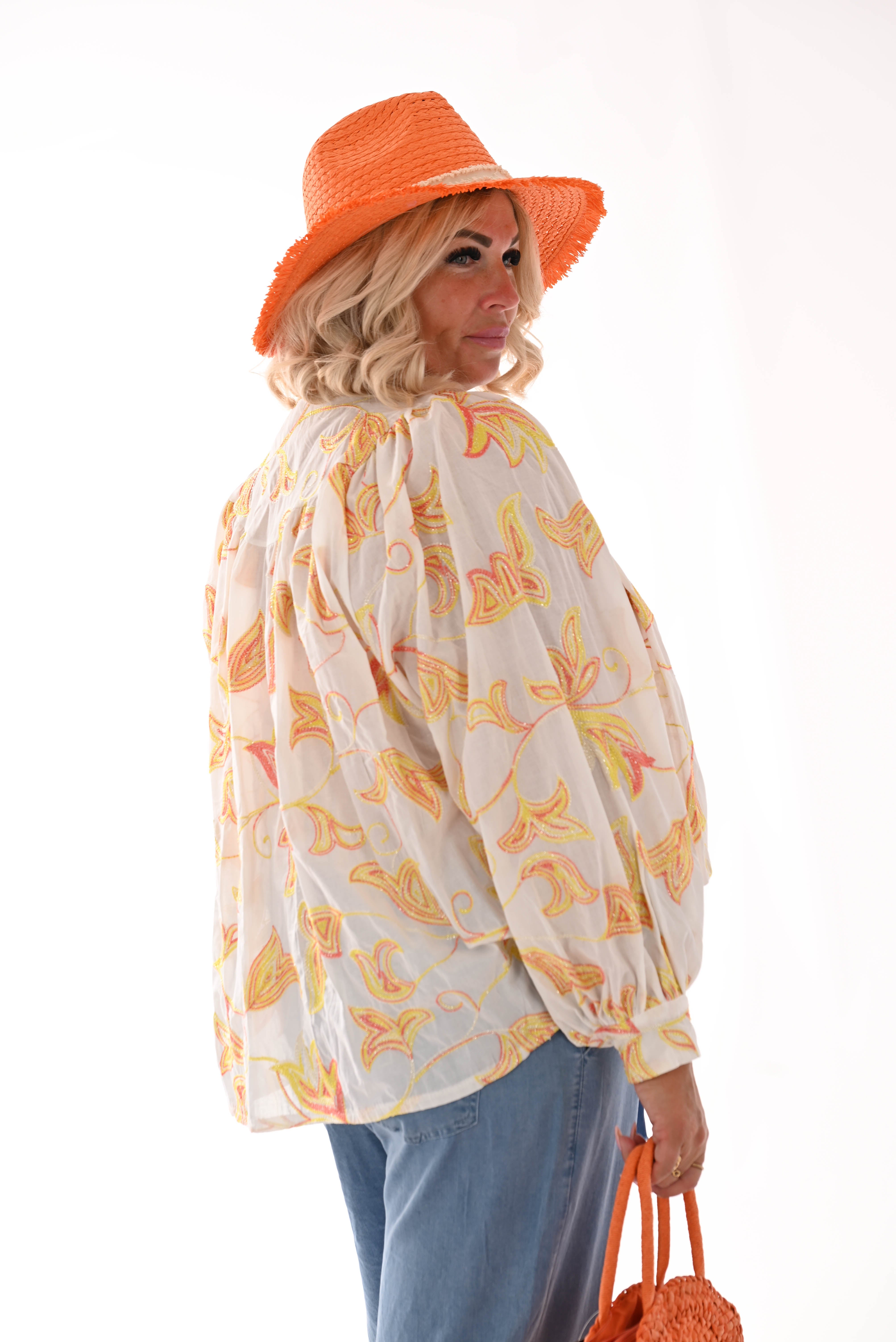 Blouse bladeren wit/oranje