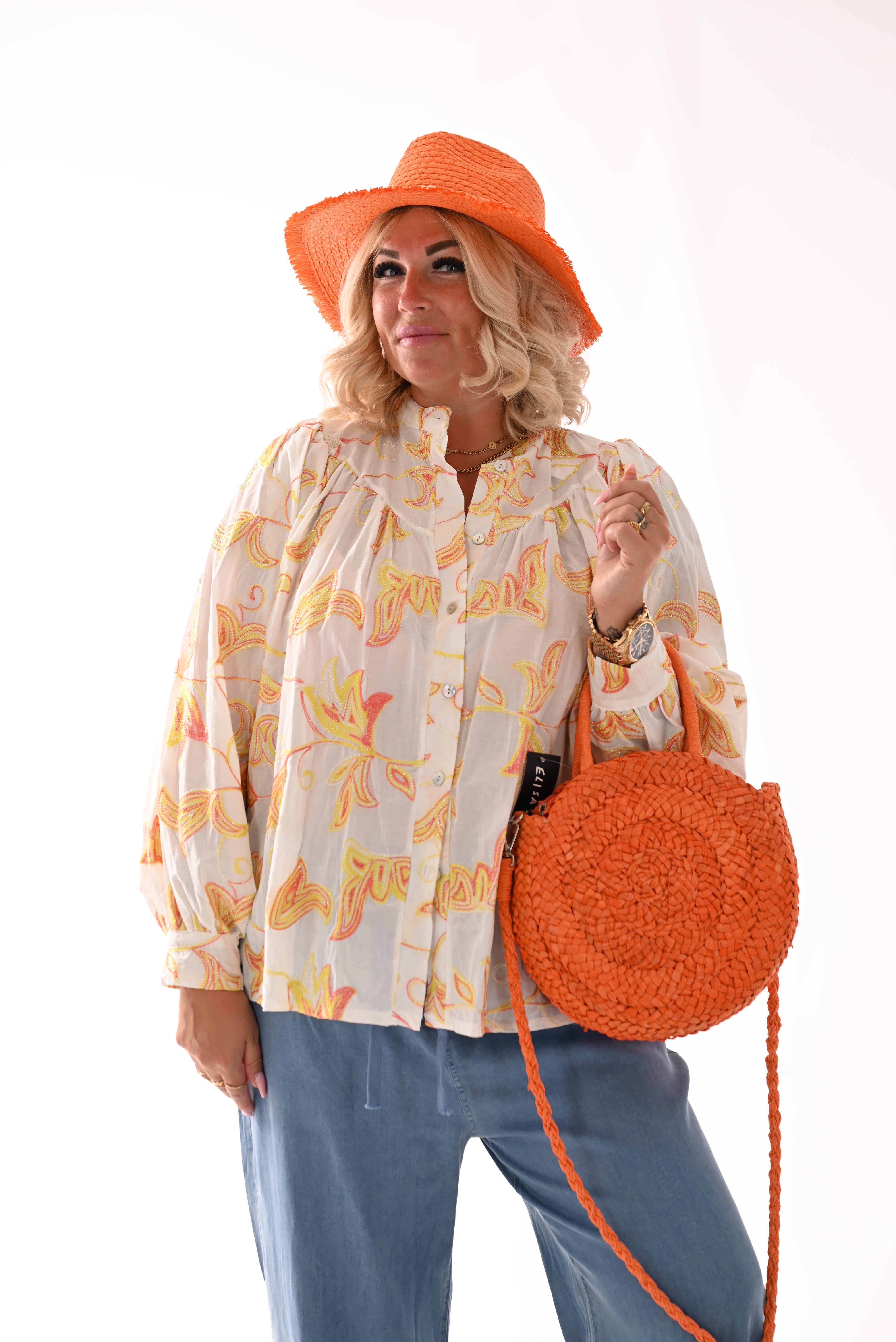 Blouse bladeren wit/oranje