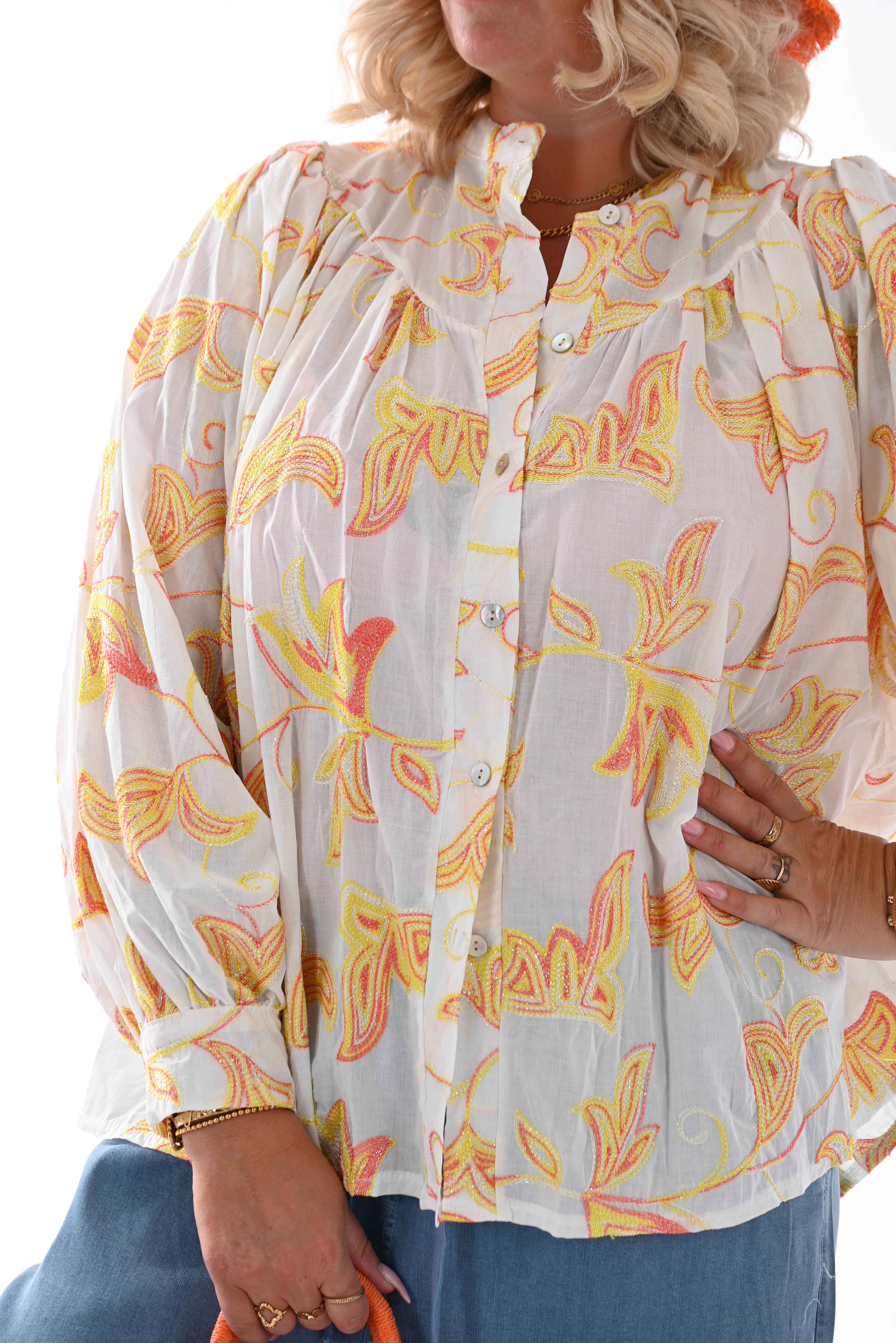 Blouse bladeren wit/oranje