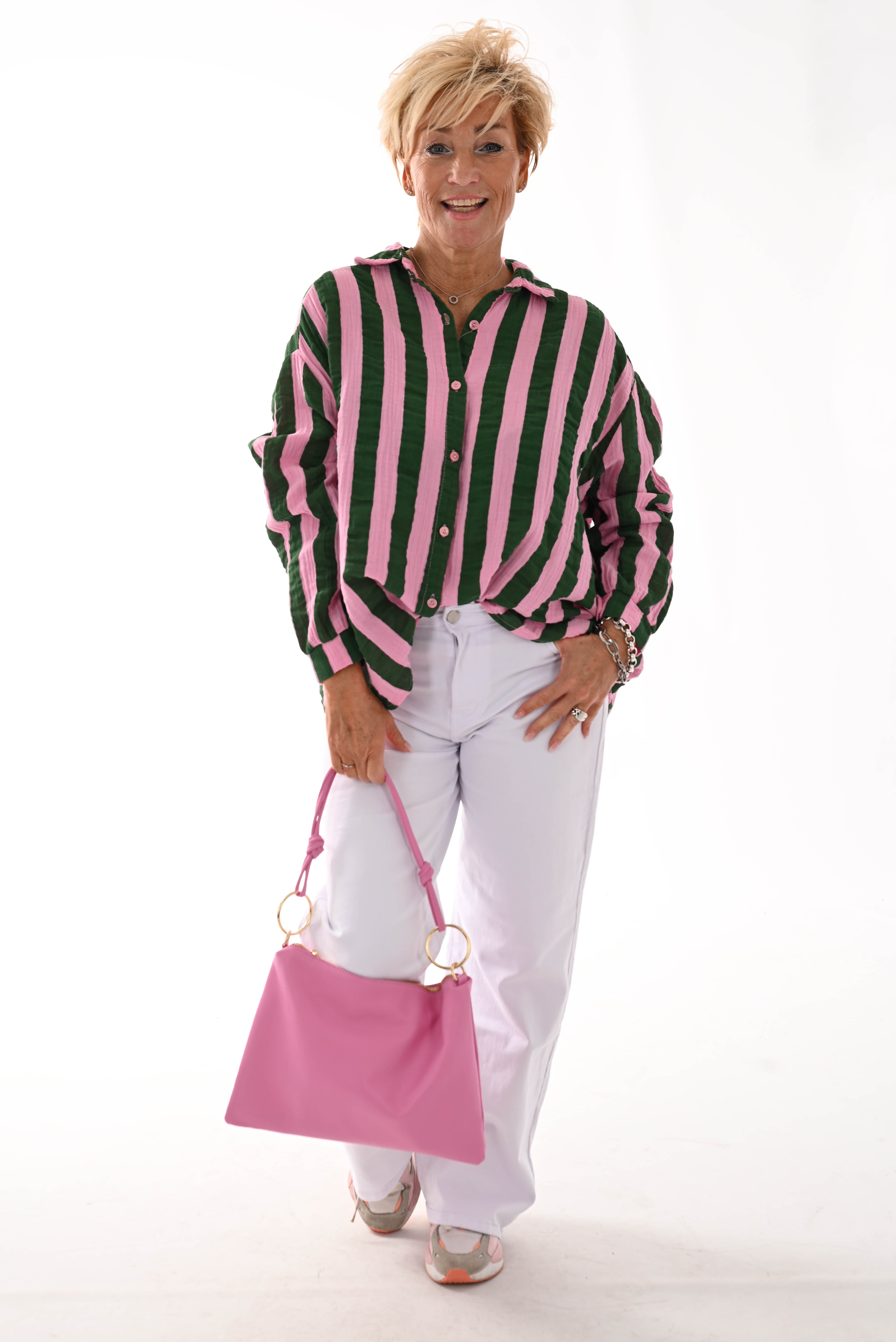 Blouse wafel brede strepen roze/groen