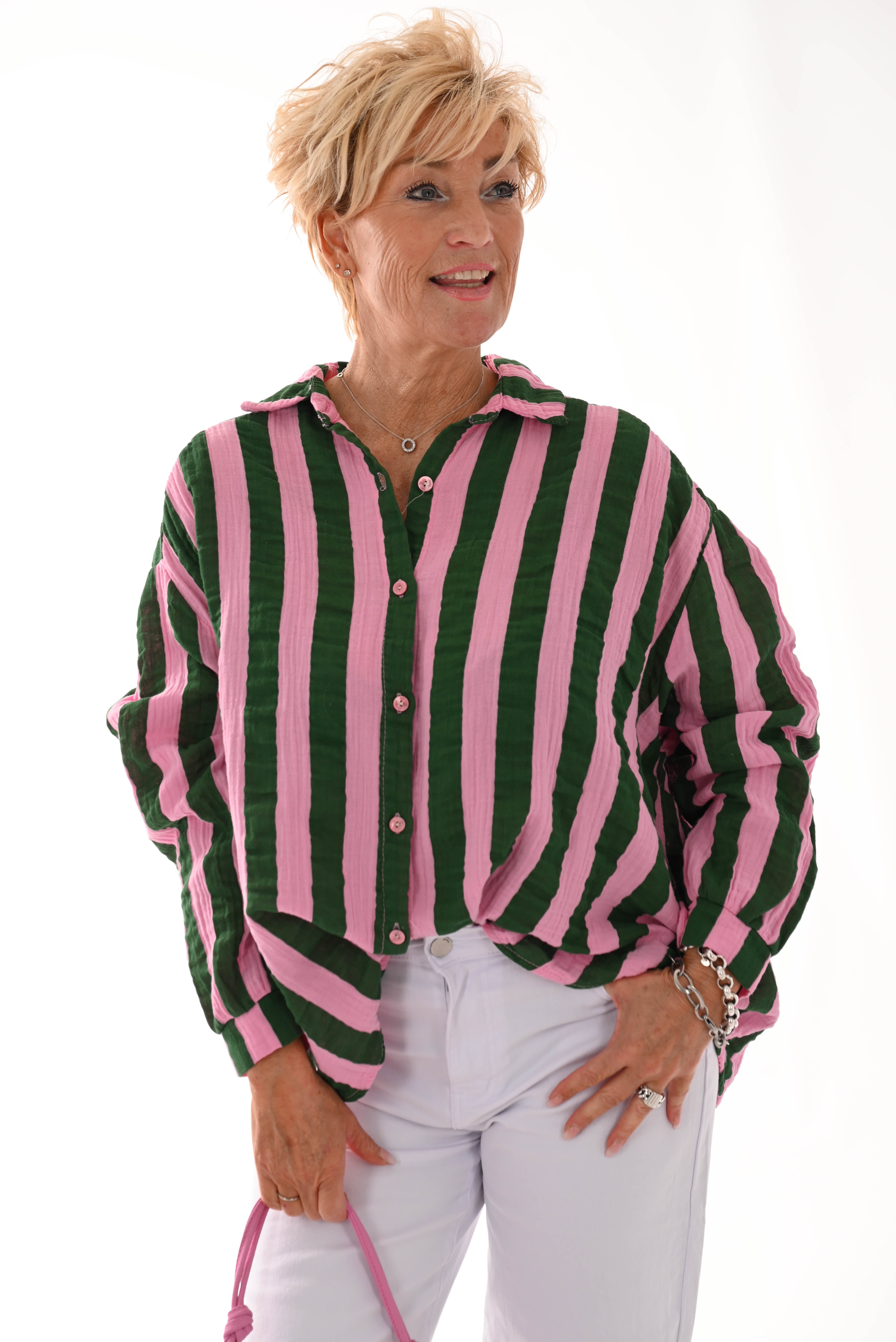 Blouse wafel brede strepen roze/groen