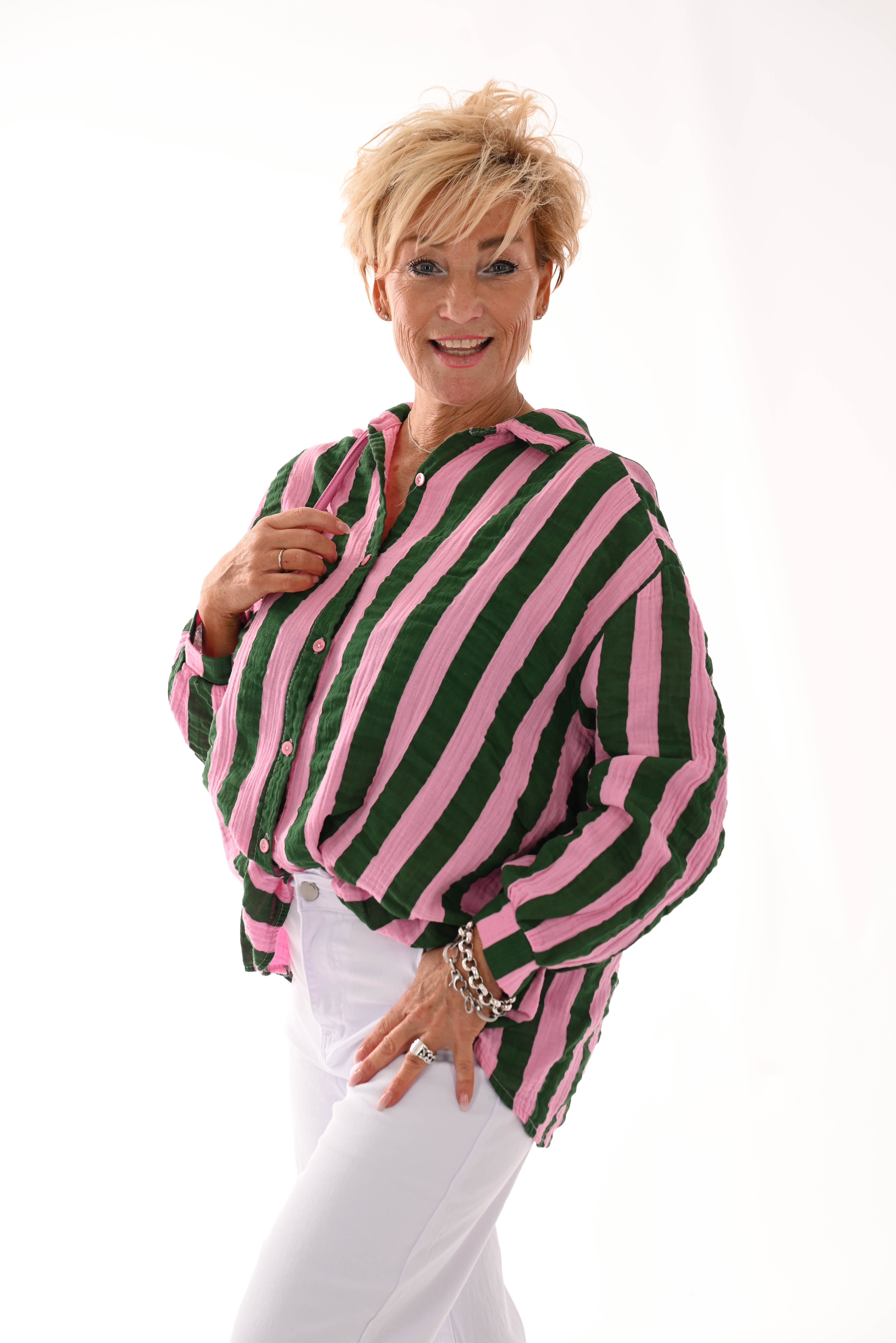 Blouse wafel brede strepen roze/groen