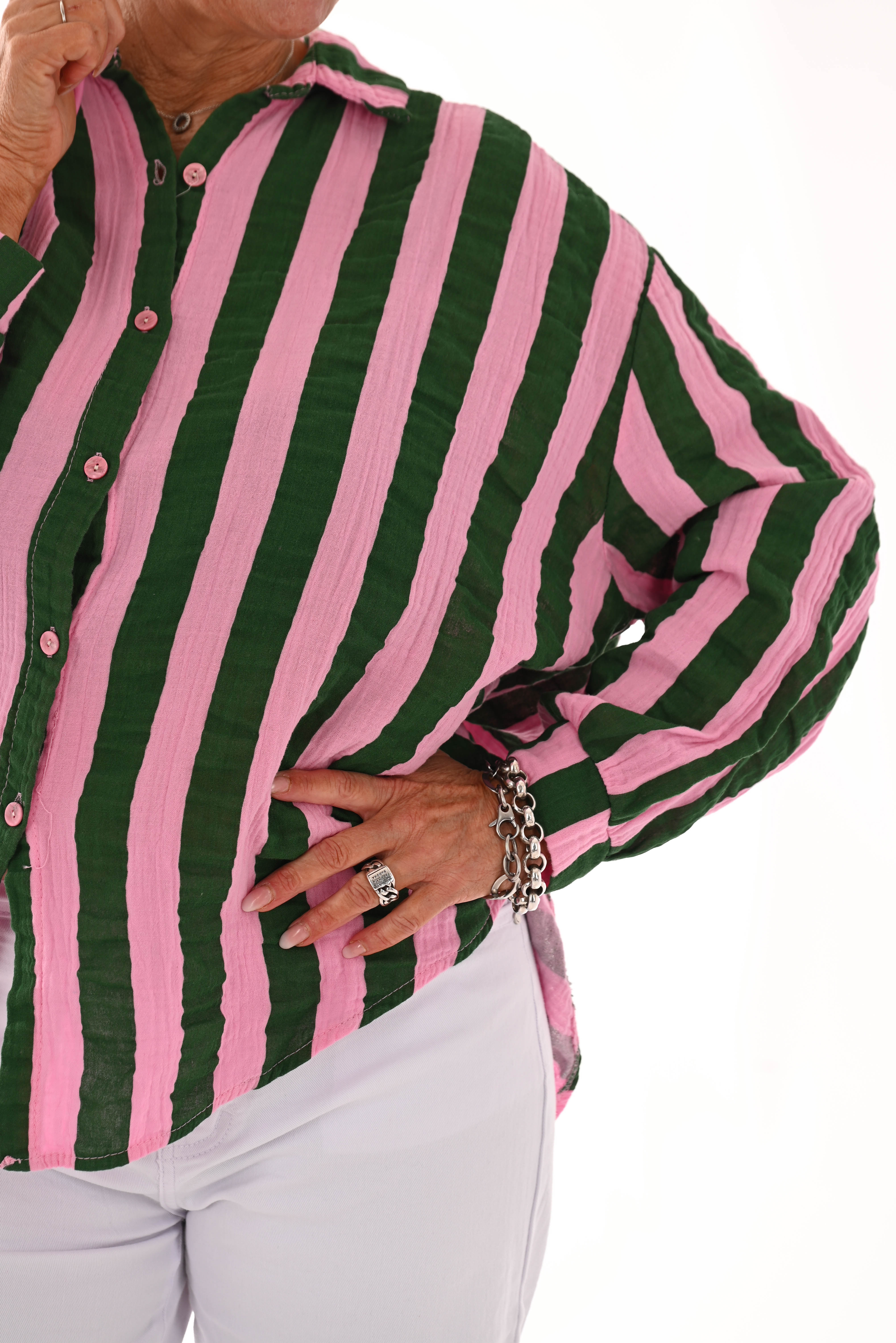 Blouse wafel brede strepen roze/groen