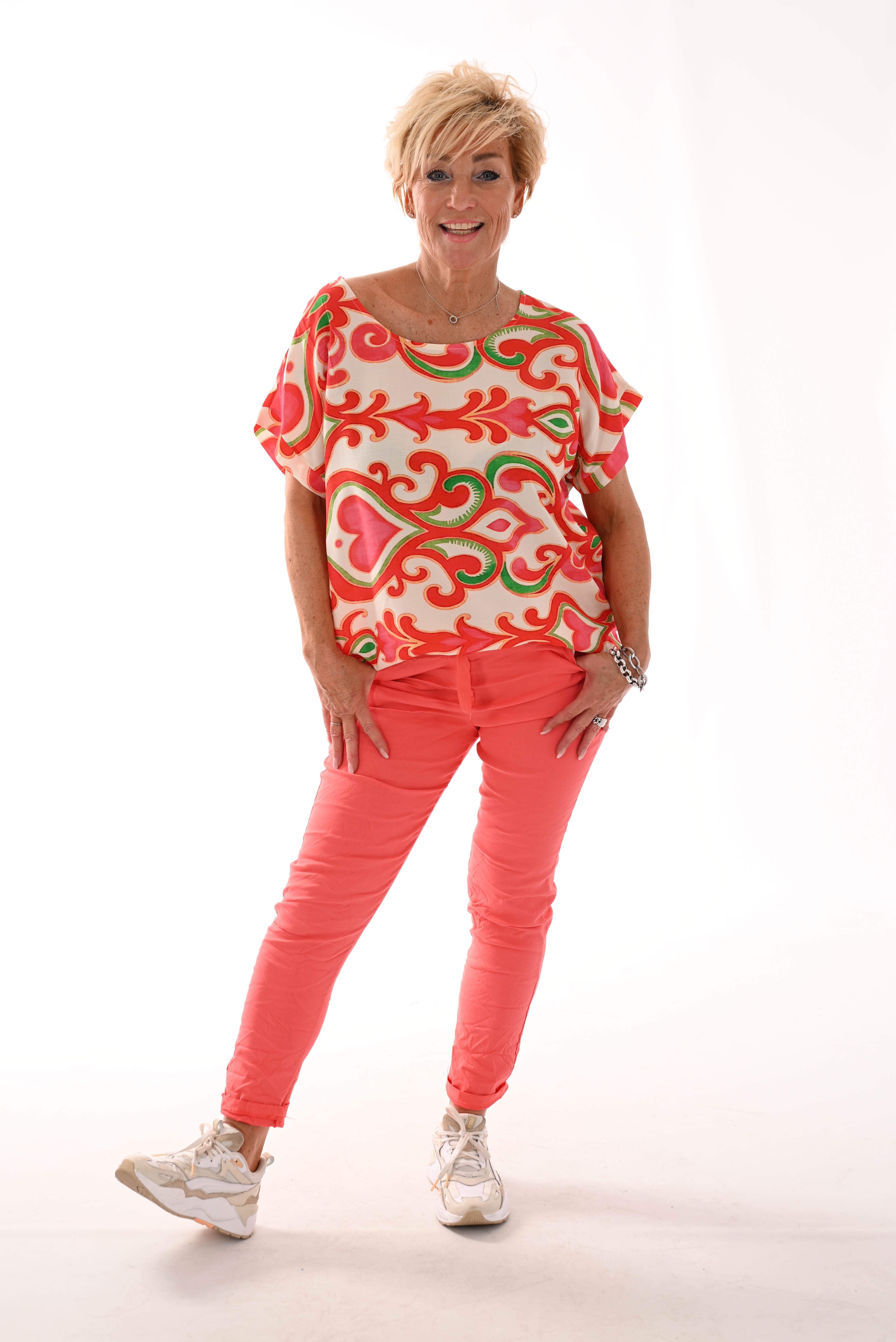 Top viscose ronde hals barok rood/roze