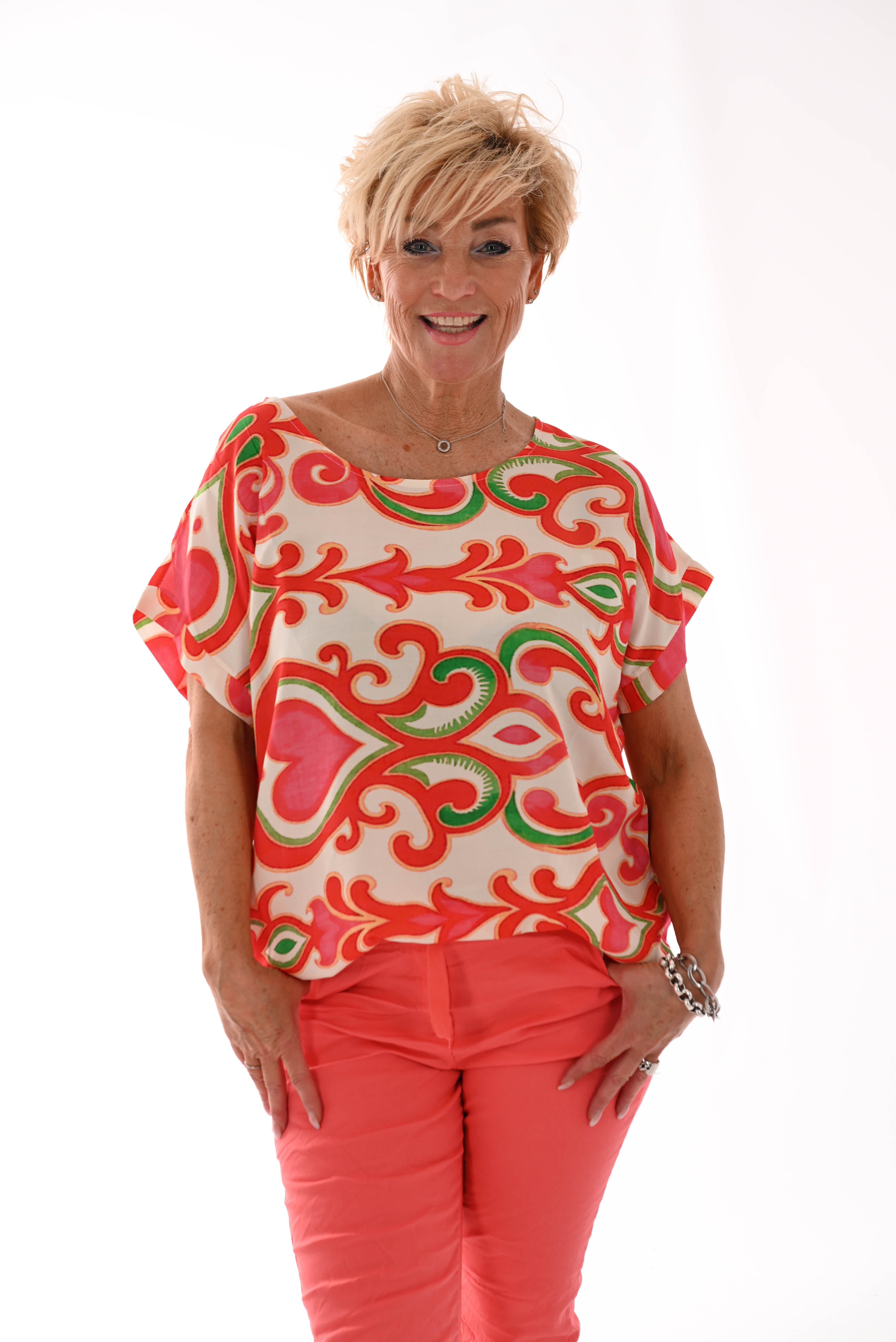 Top viscose ronde hals barok rood/roze