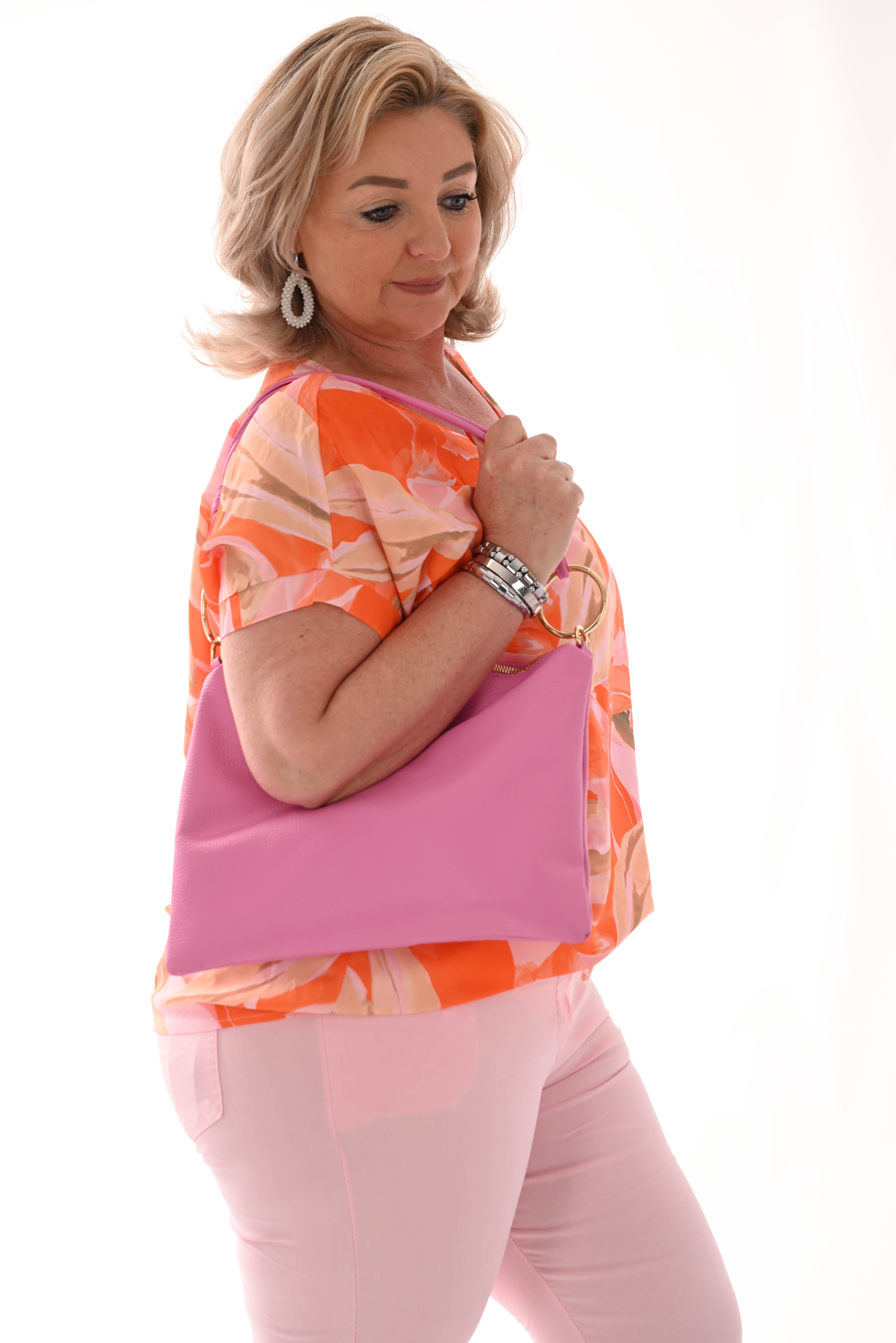 Top viscose ronde hals vegen roze/oranje