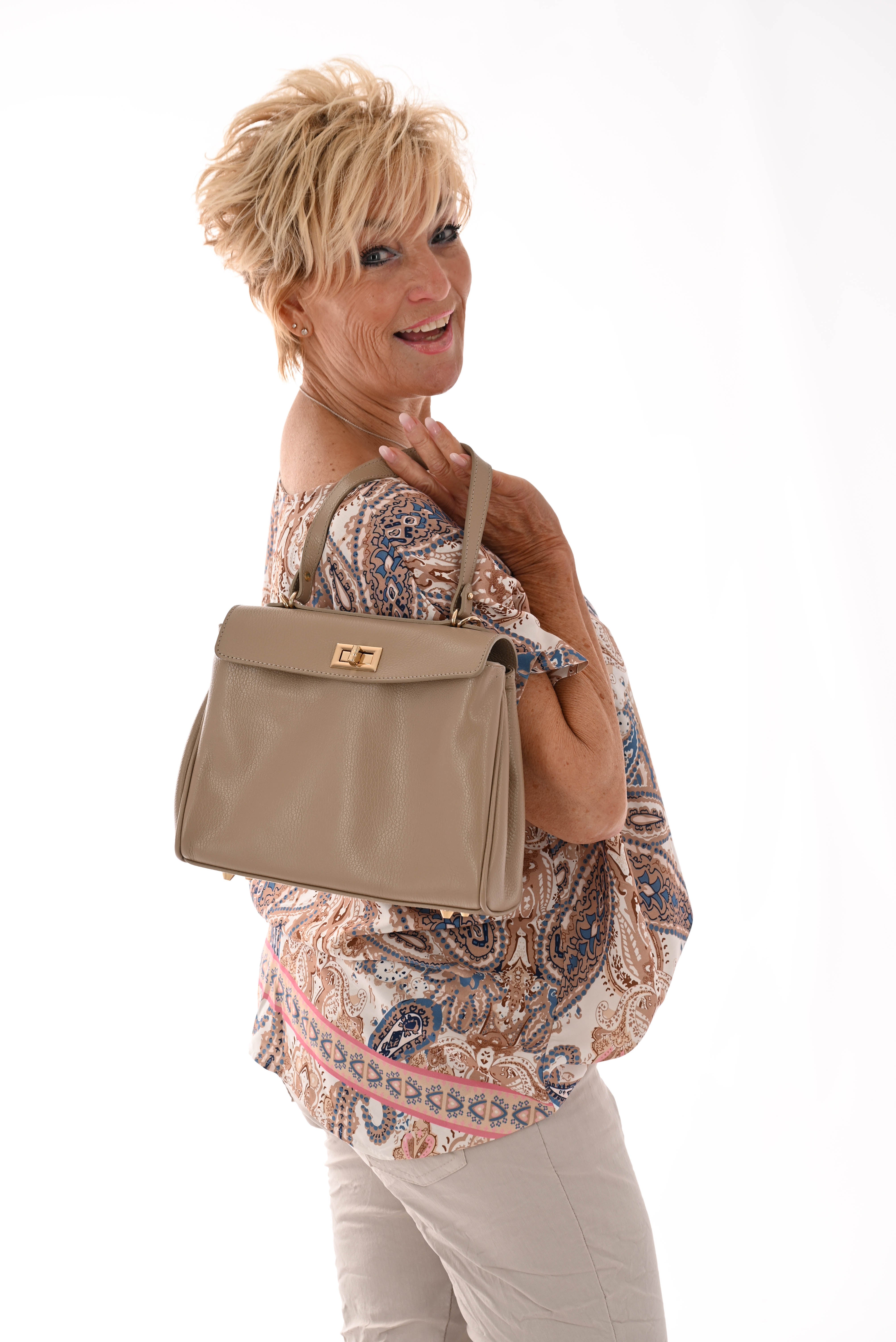 Top viscose ronde hals barok paisley beige/blauw