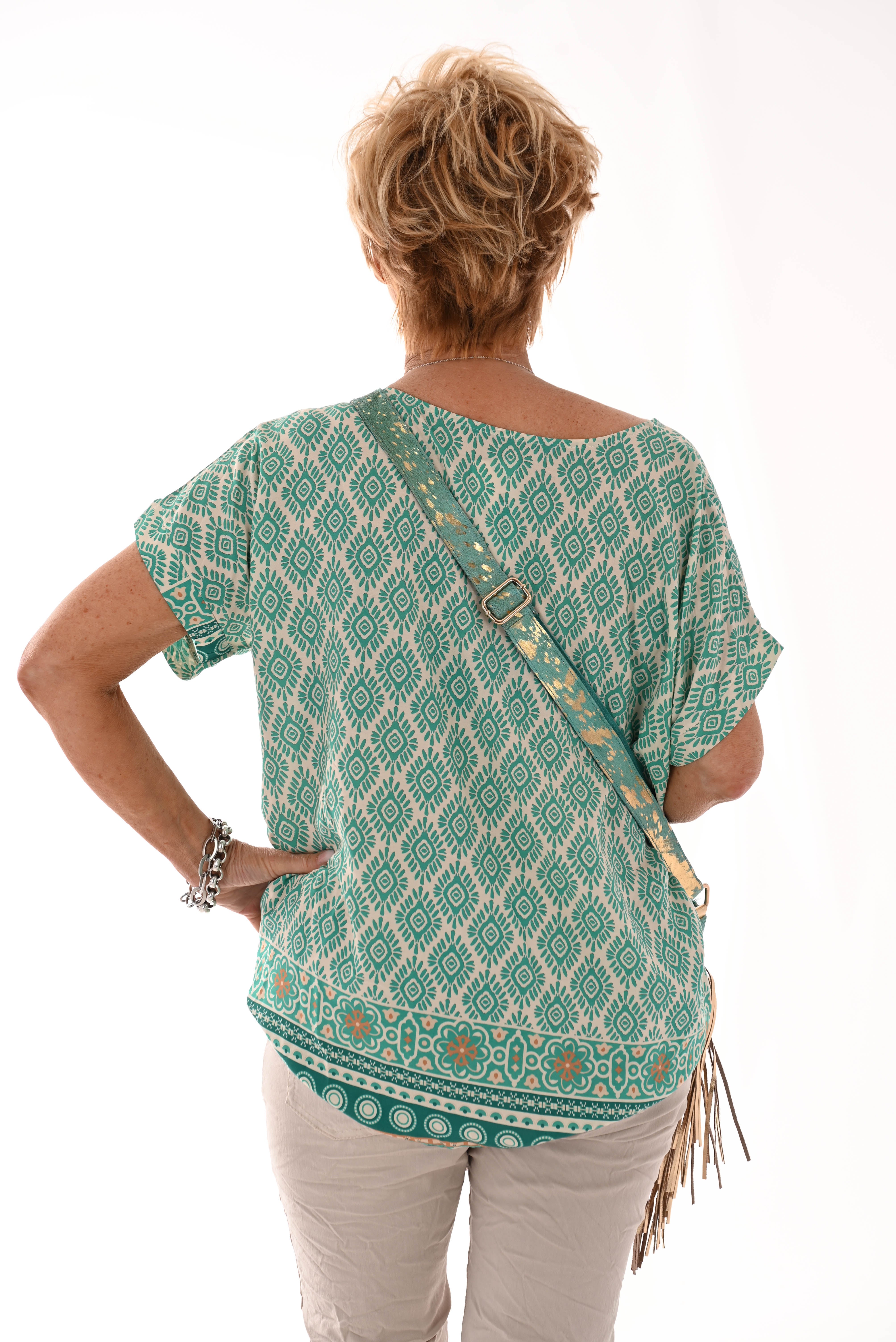 Top viscose ronde hals ruit turquoise