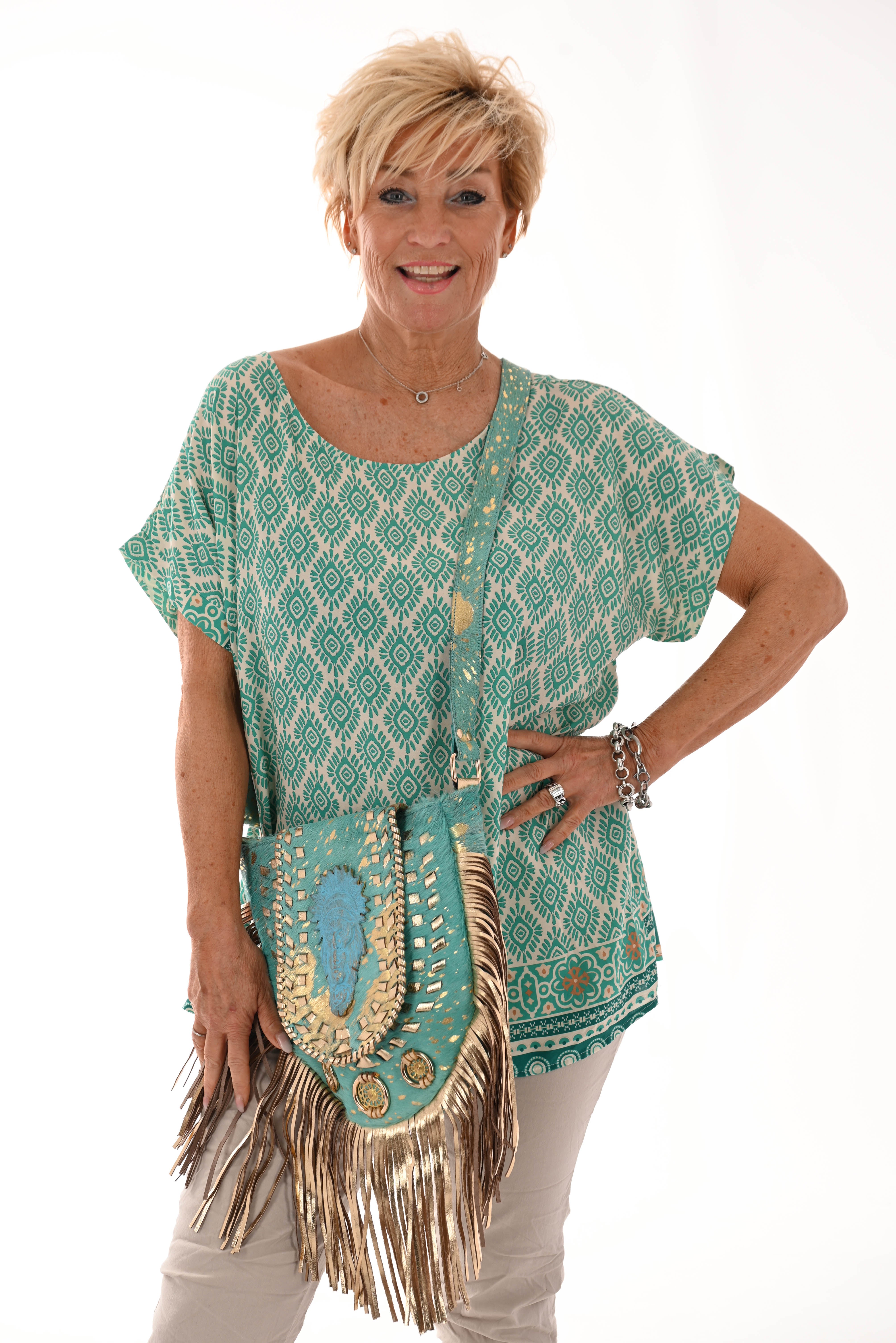Top viscose ronde hals ruit turquoise