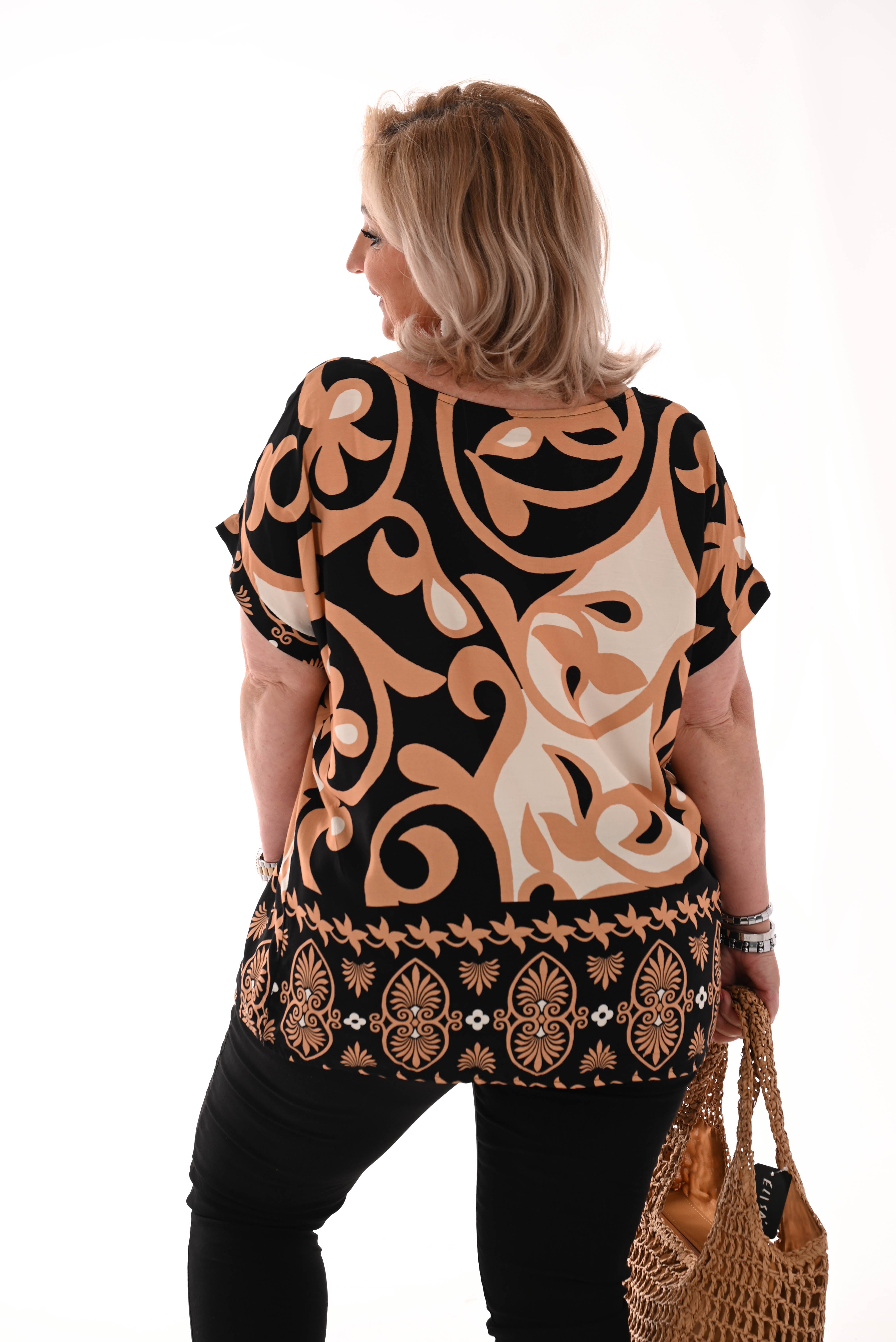 Top viscose ronde hals blaadjes zwart/beige