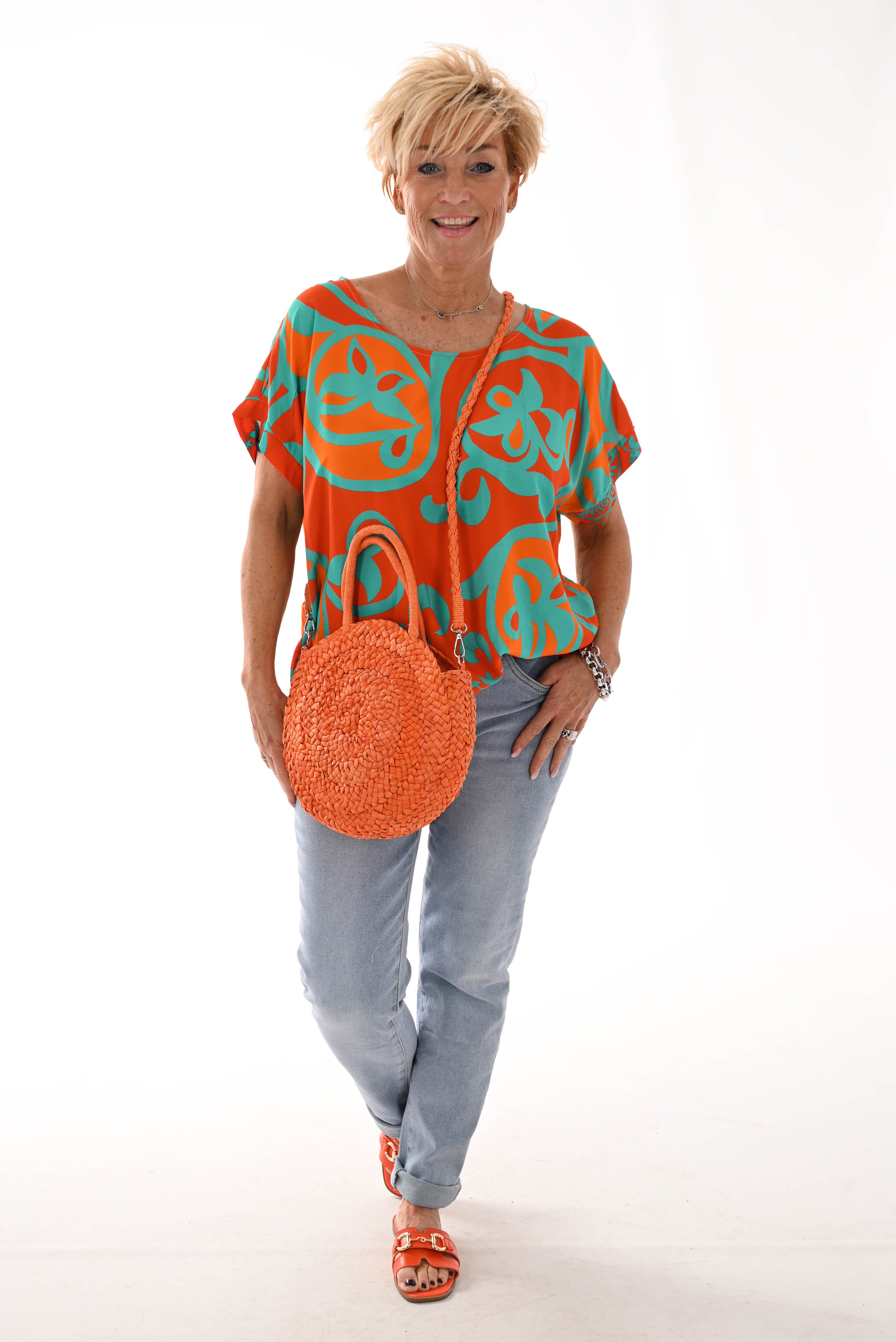 Top viscose ronde hals blaadjes oranje/turquoise