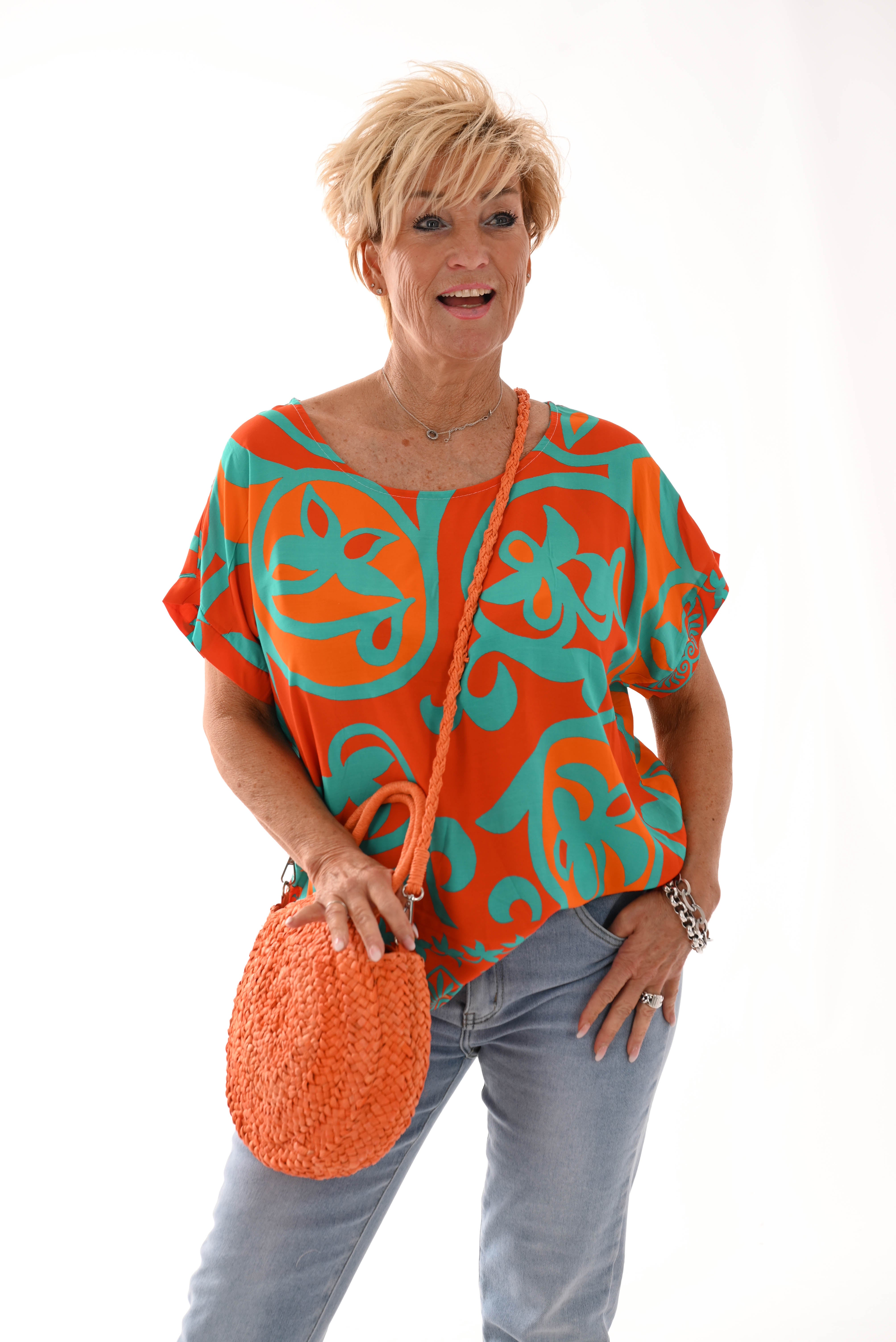 Top viscose ronde hals blaadjes oranje/turquoise