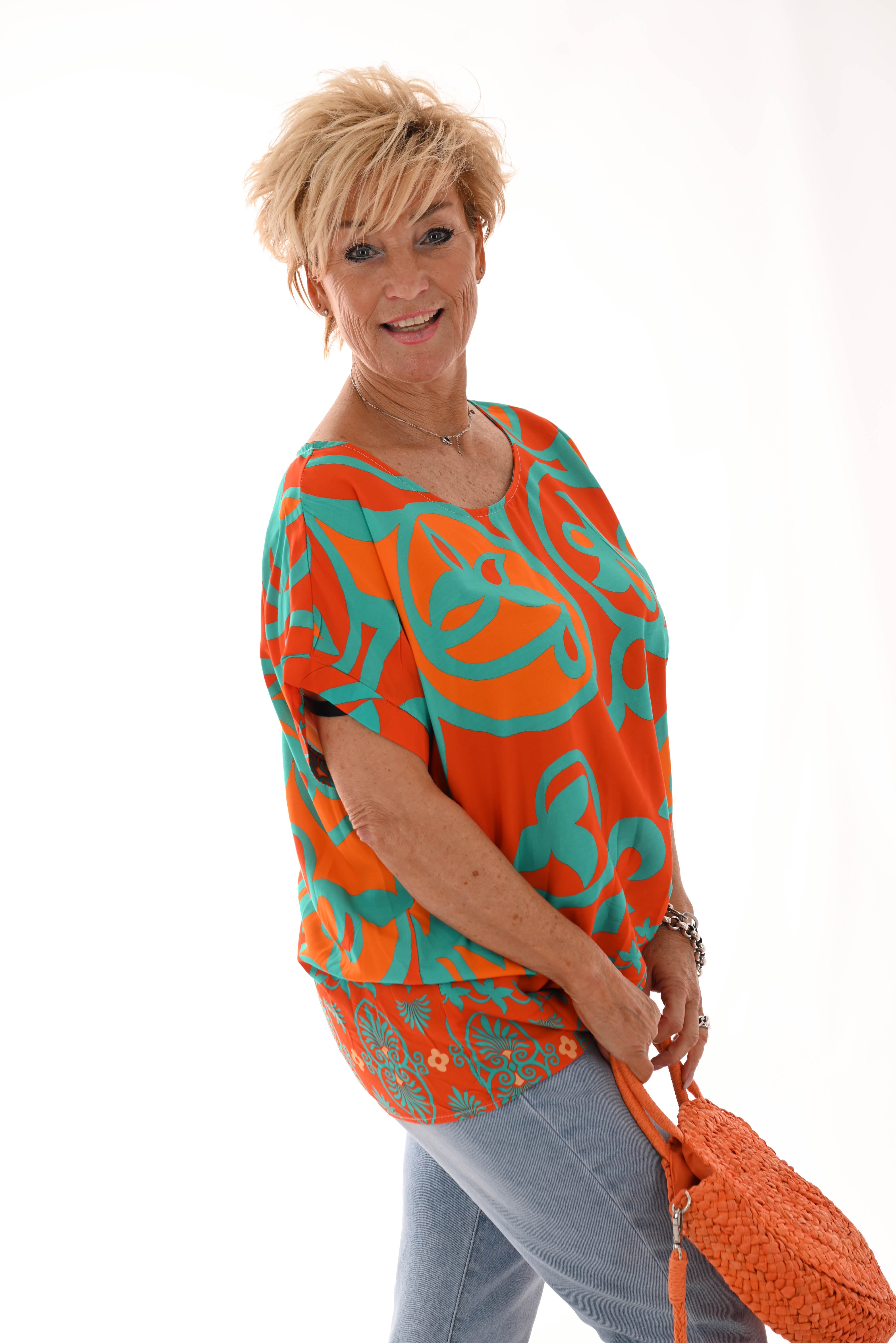 Top viscose ronde hals blaadjes oranje/turquoise