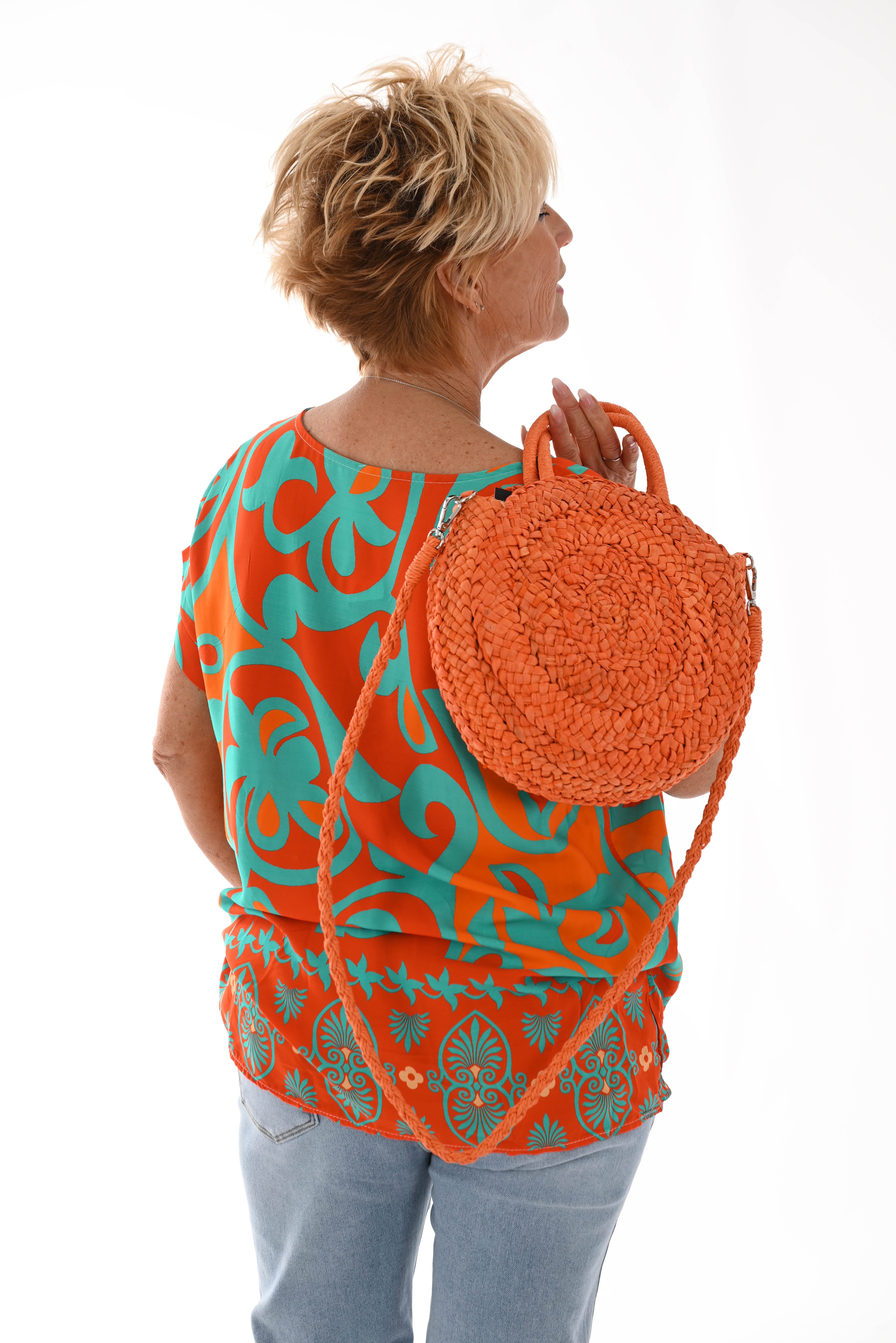 Top viscose ronde hals blaadjes oranje/turquoise