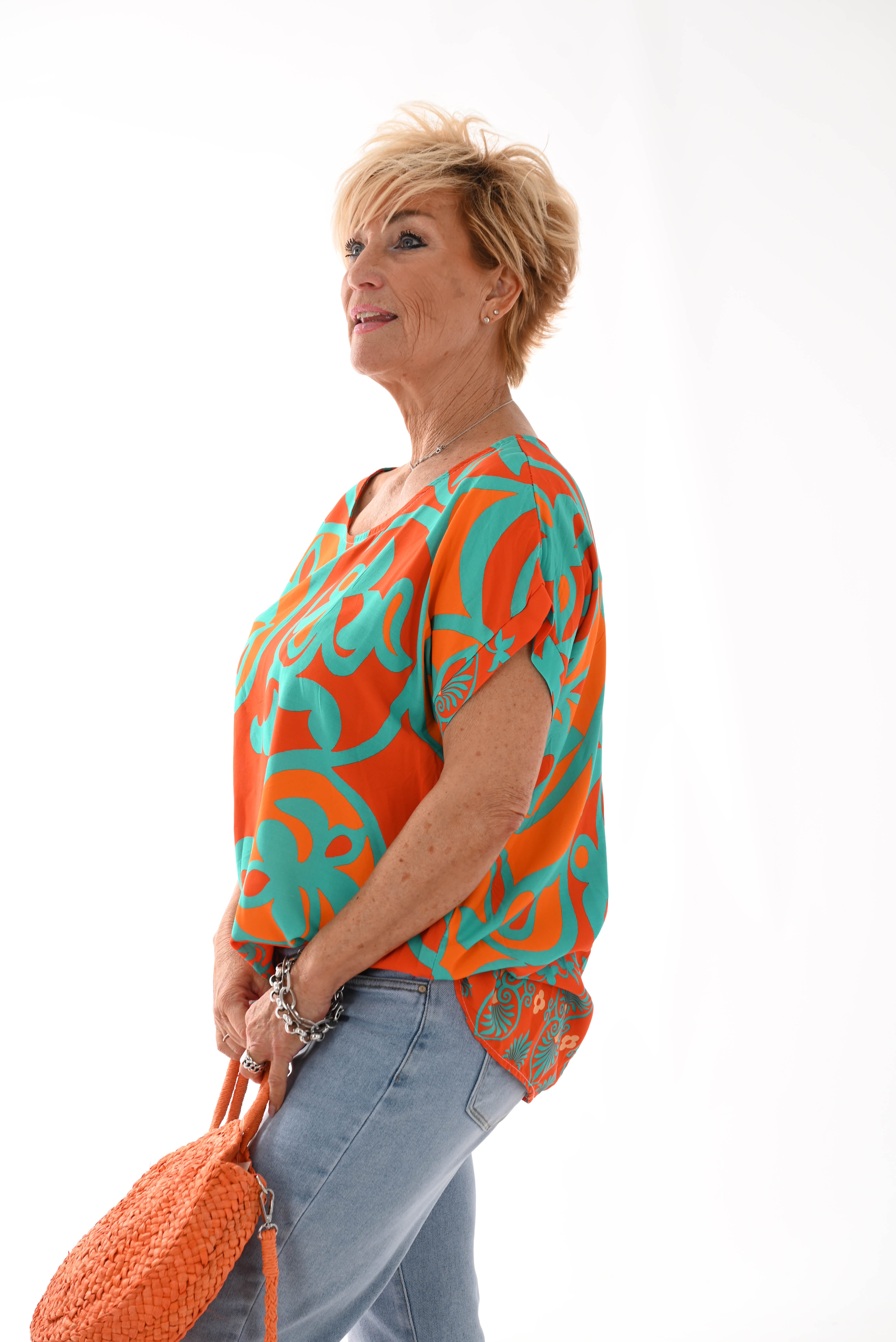 Top viscose ronde hals blaadjes oranje/turquoise