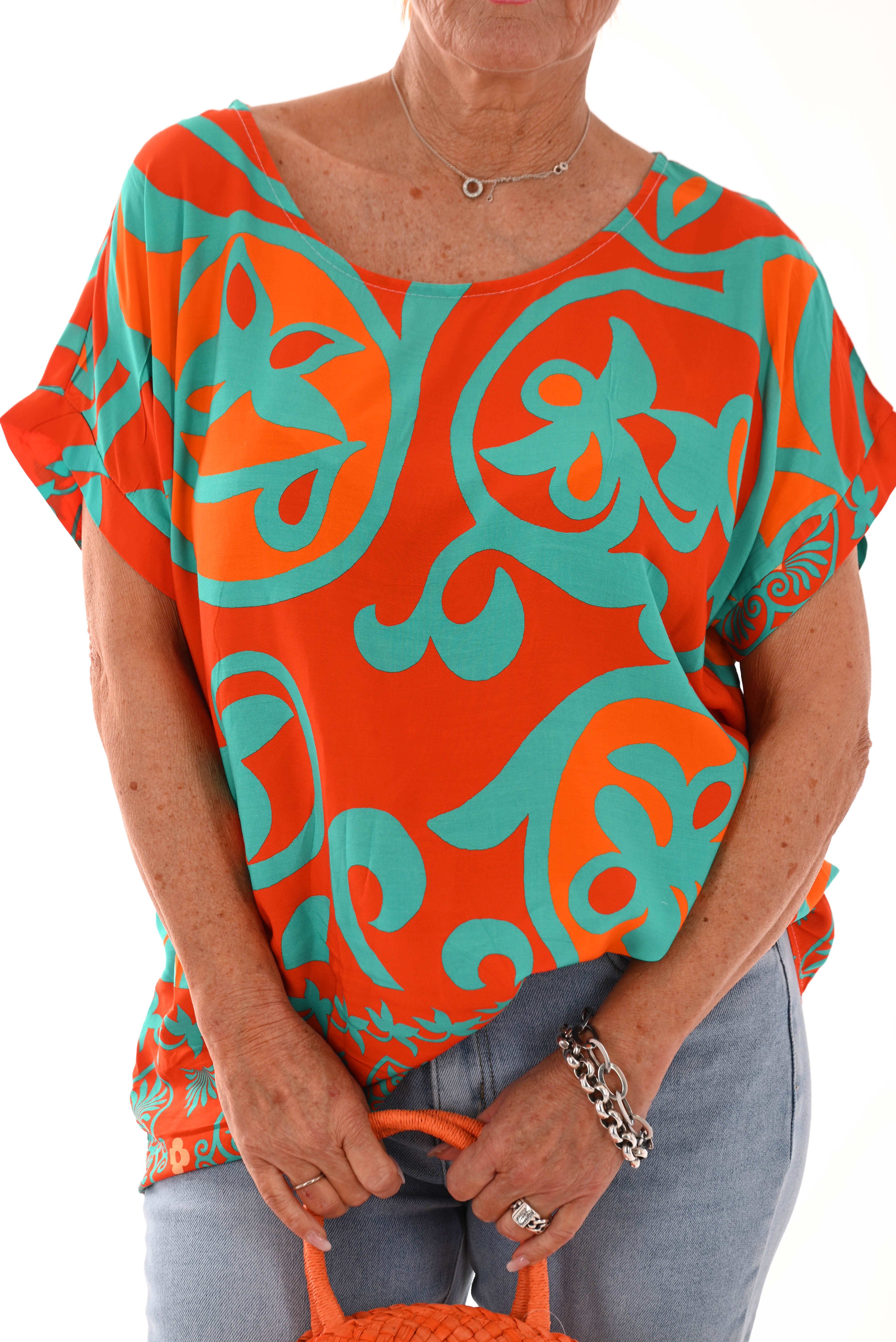 Top viscose ronde hals blaadjes oranje/turquoise