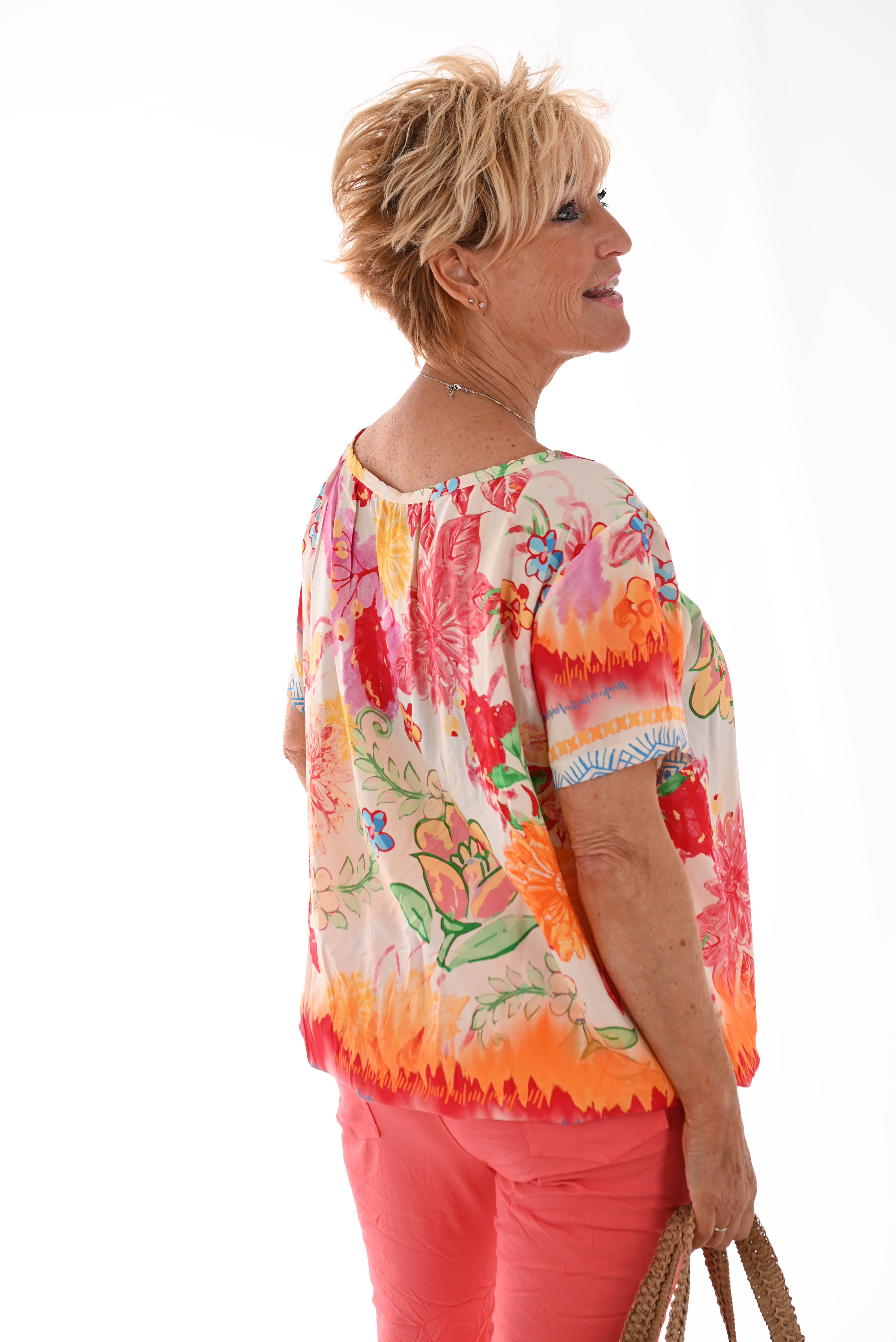 Ballon top print bloemen roze/oranje