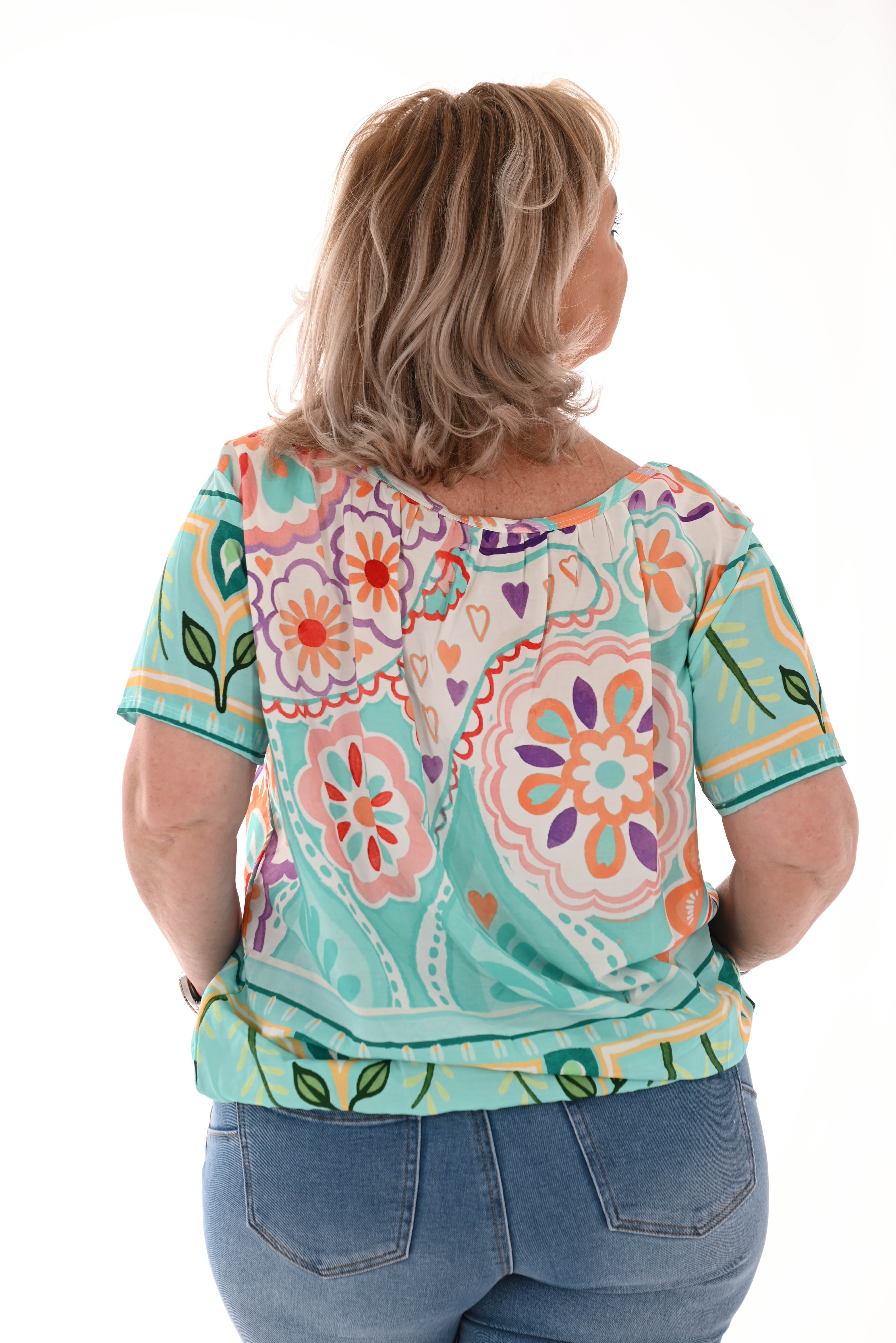 Ballon top print bloemen lichtblauw