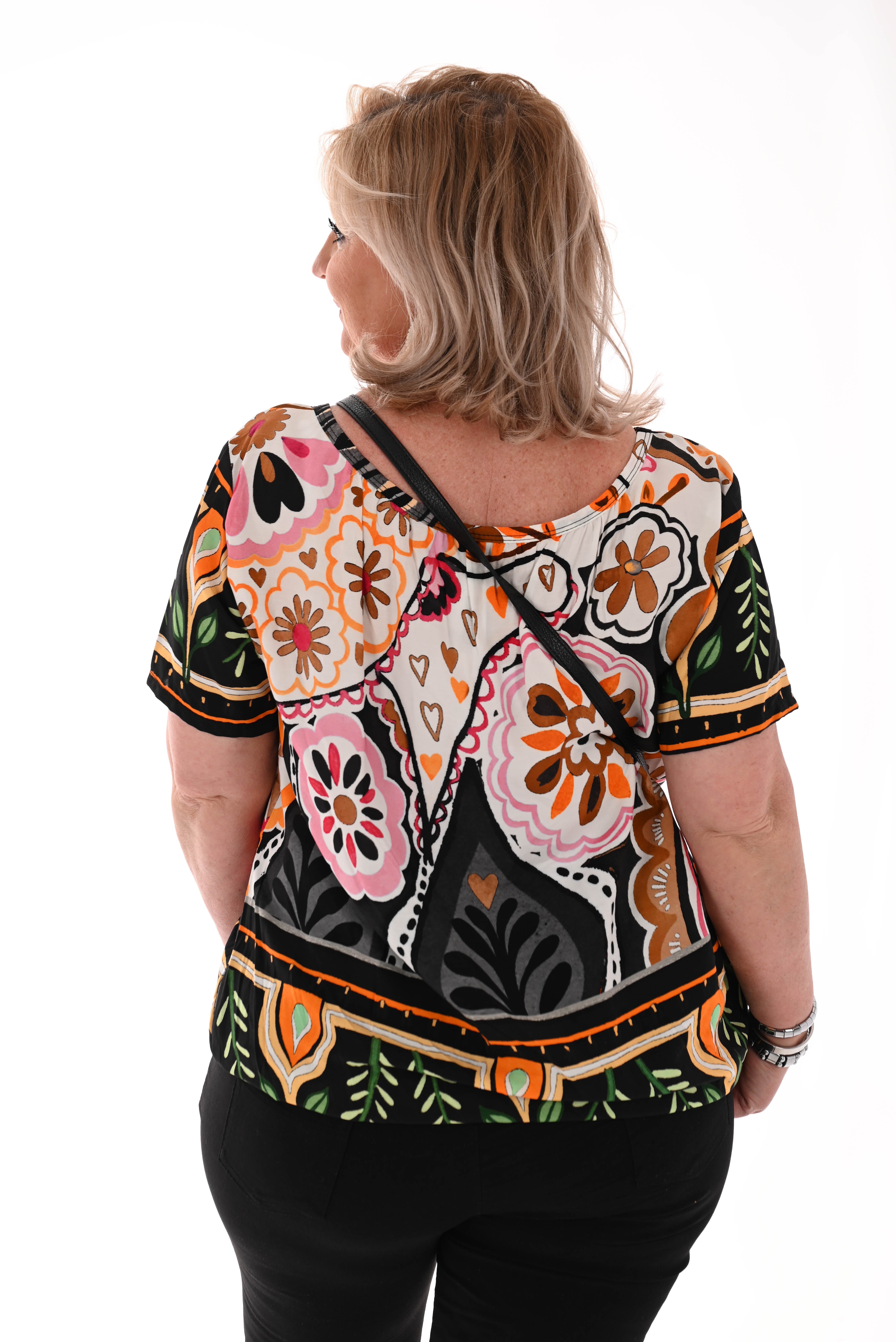 Ballon top print bloemen zwart/wit