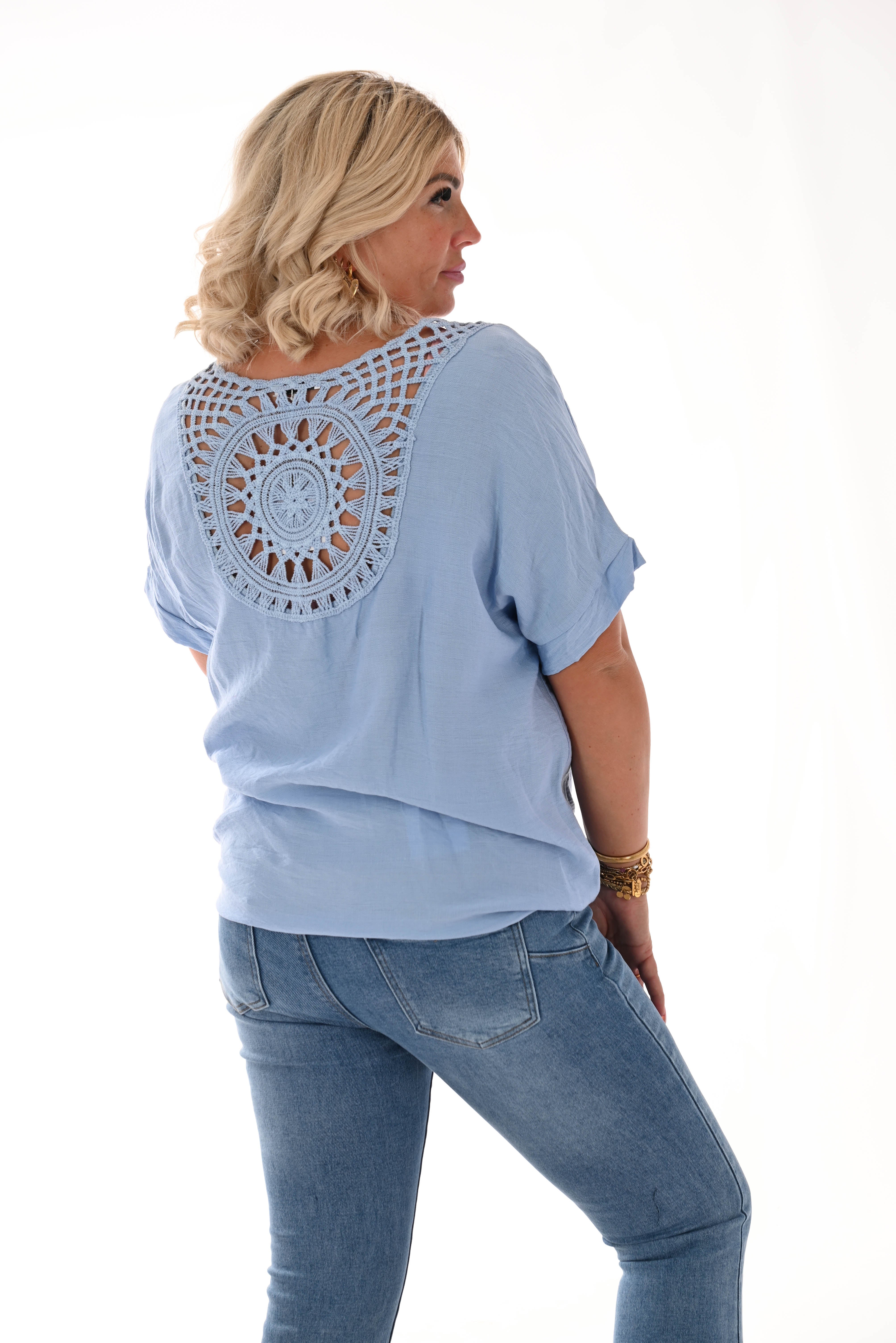 Top gehaakte rug knoop detail blauw