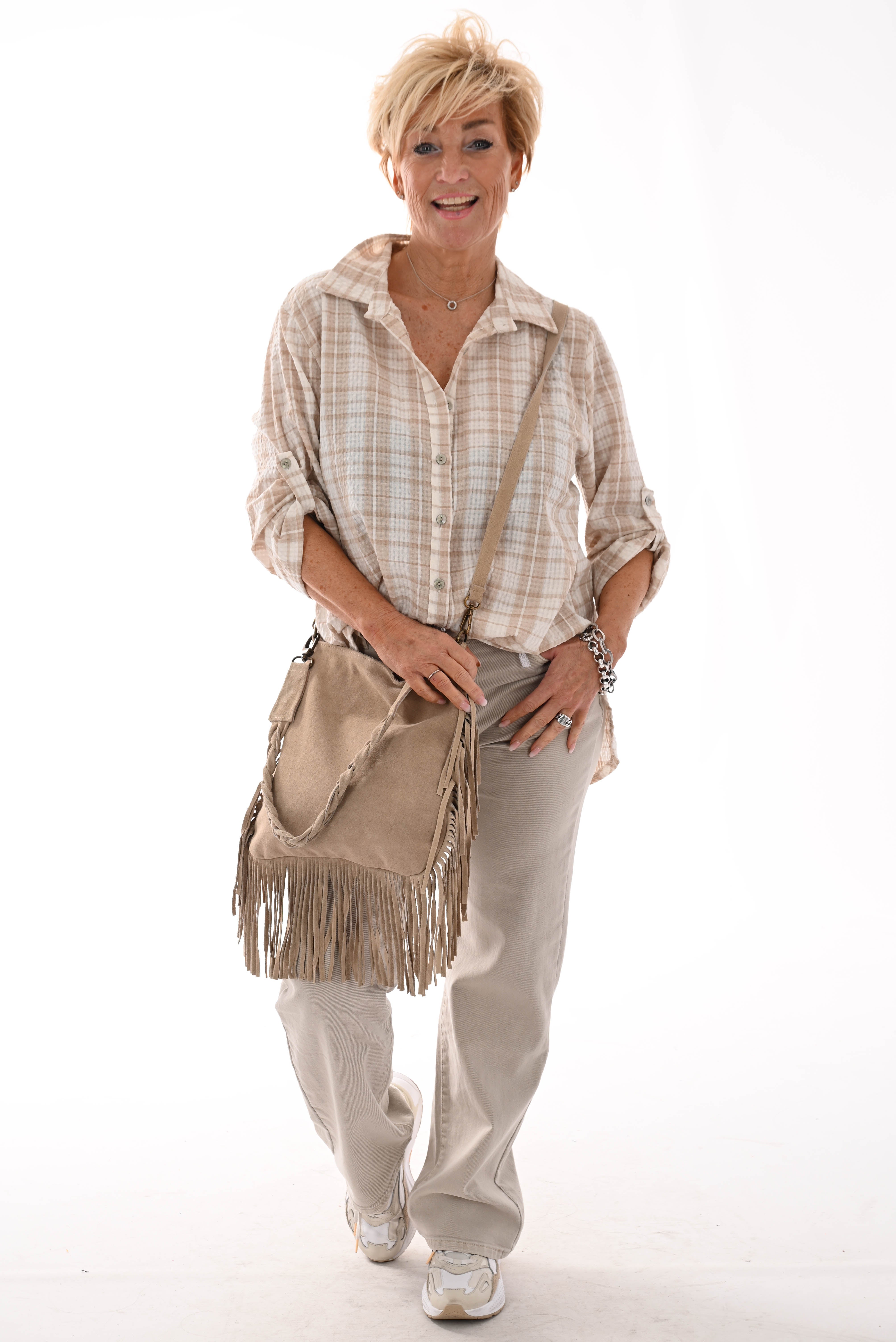 Geruite wafel blouse beige/roomwit