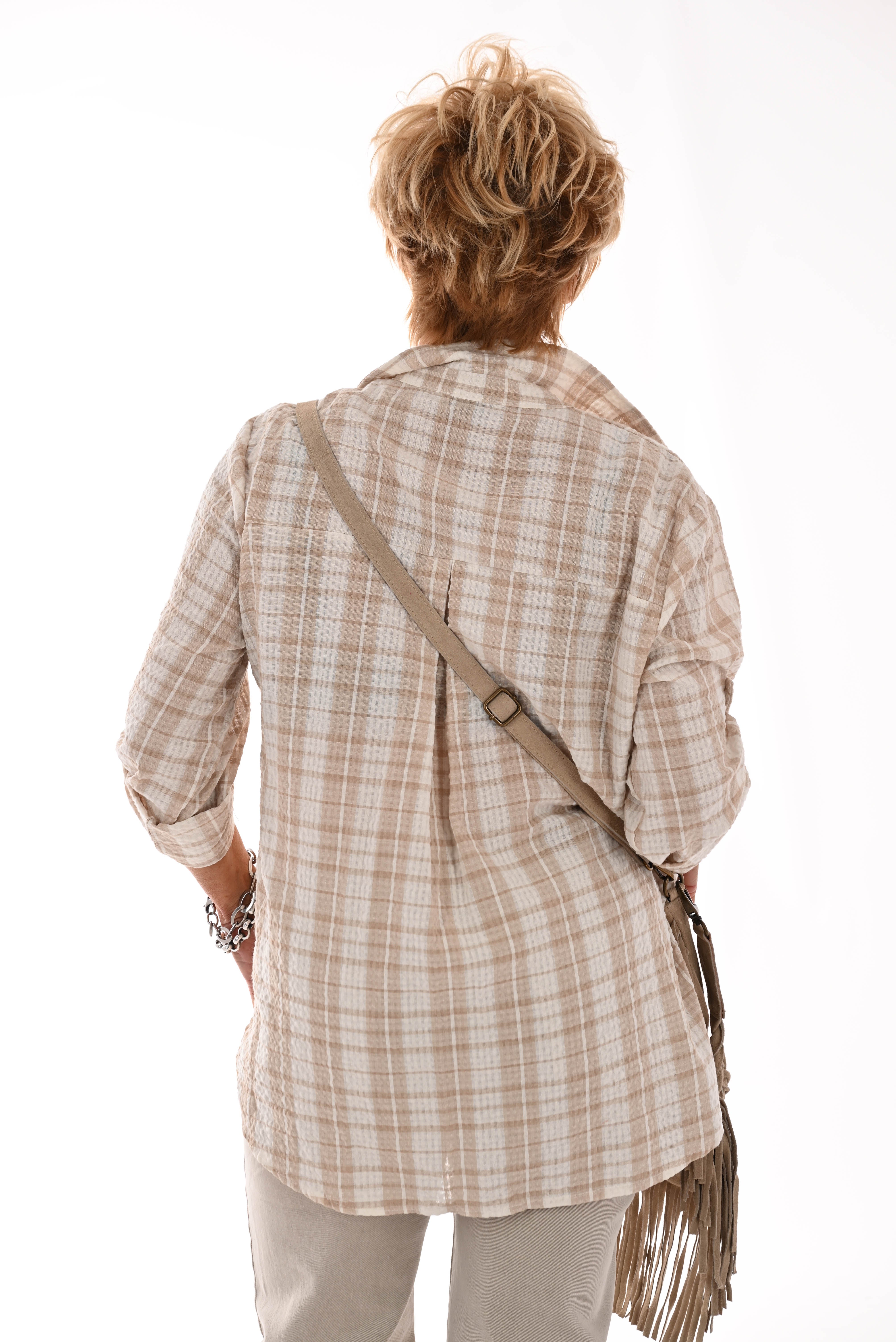 Geruite wafel blouse beige/roomwit