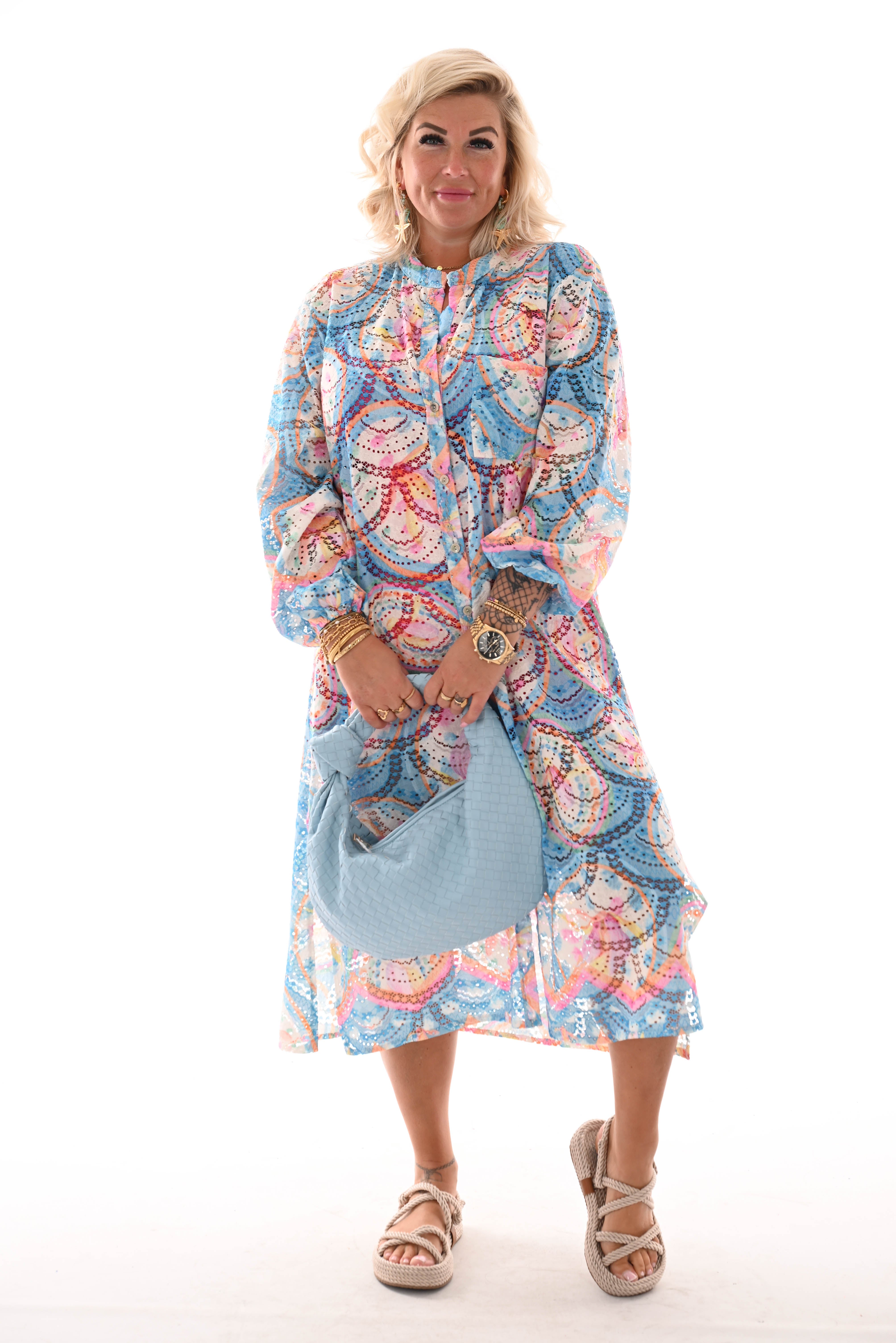Doorknoop jurk multi colour cirkels blauw