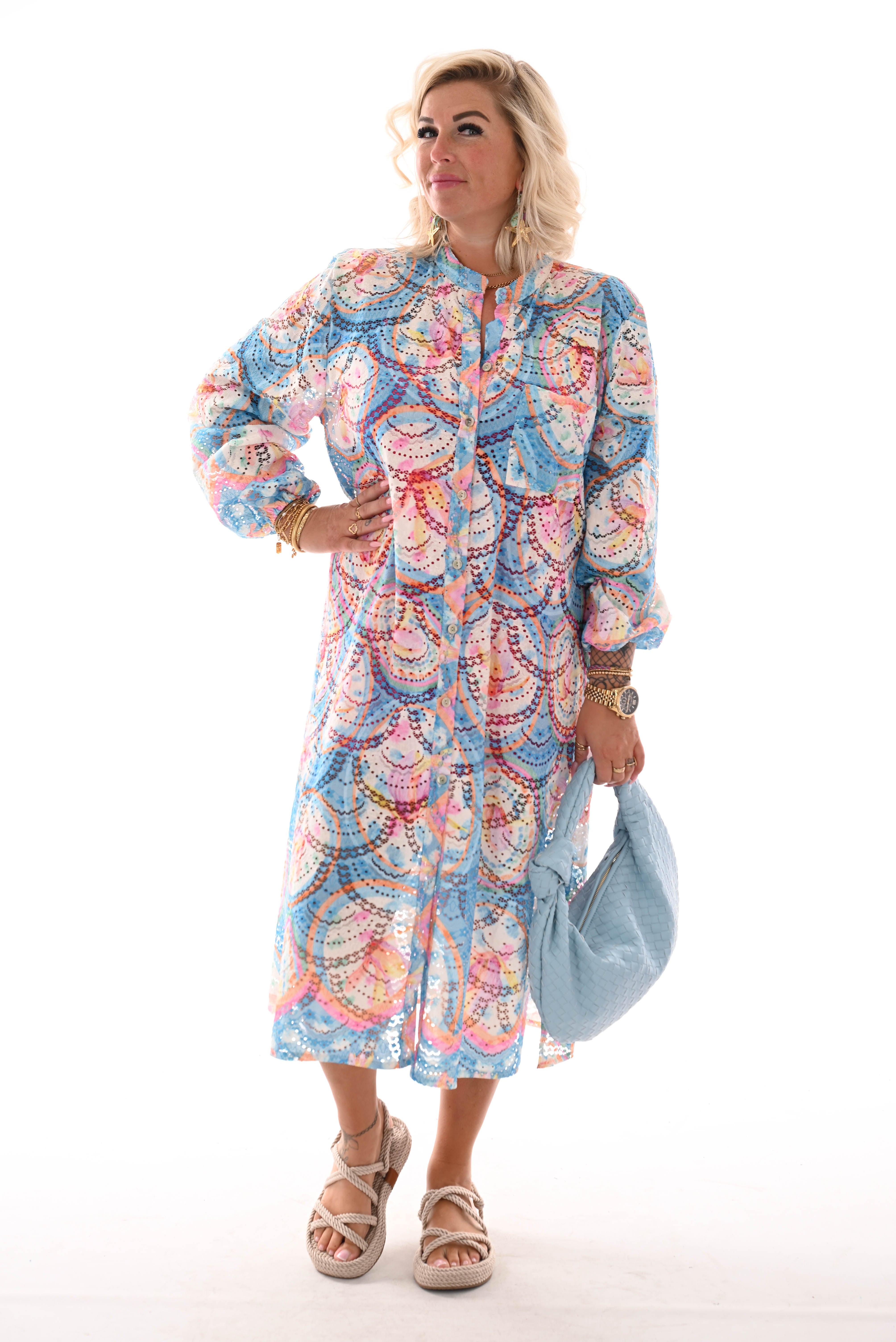 Doorknoop jurk multi colour cirkels blauw