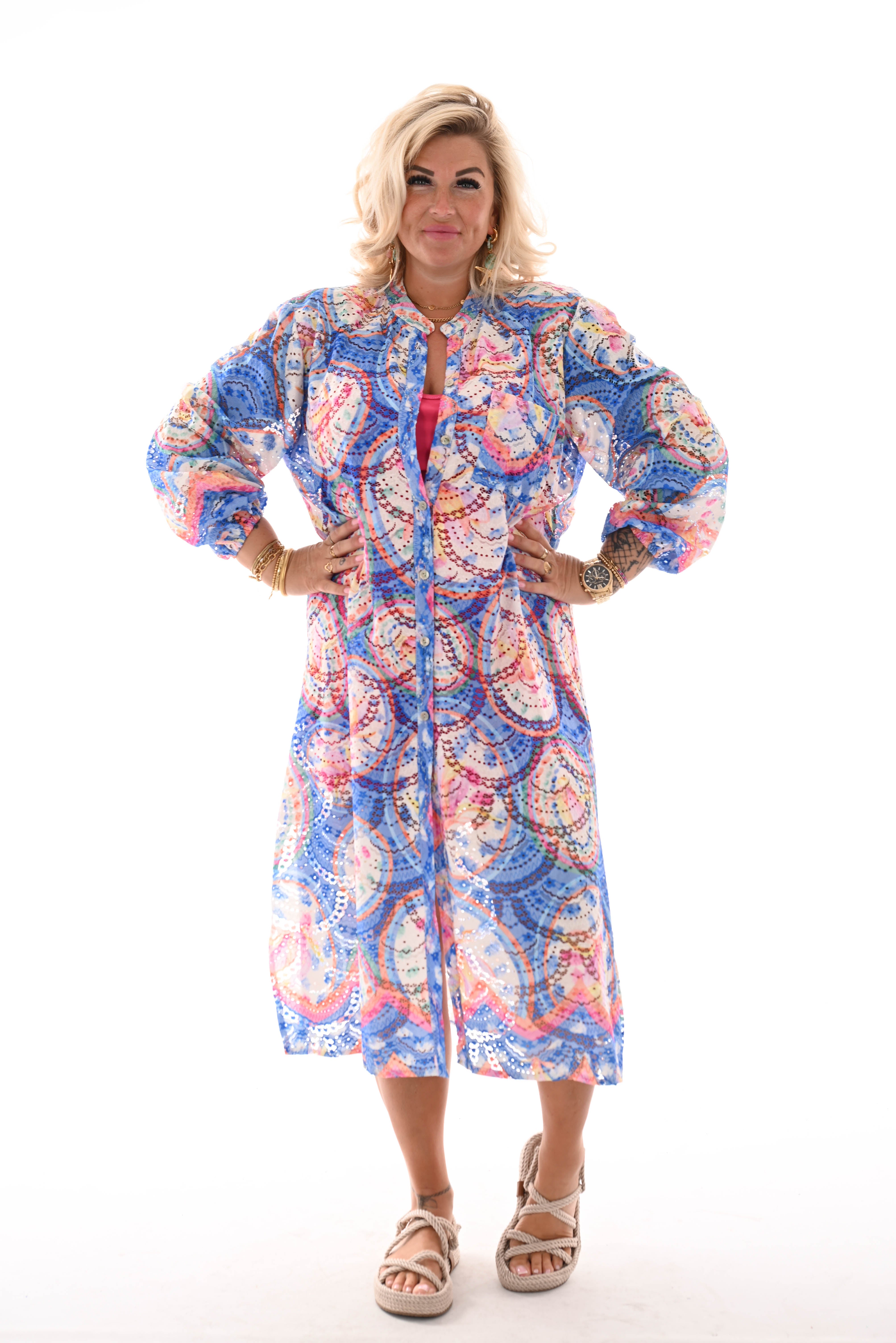 Doorknoop jurk multi colour cirkels kobaltblauw