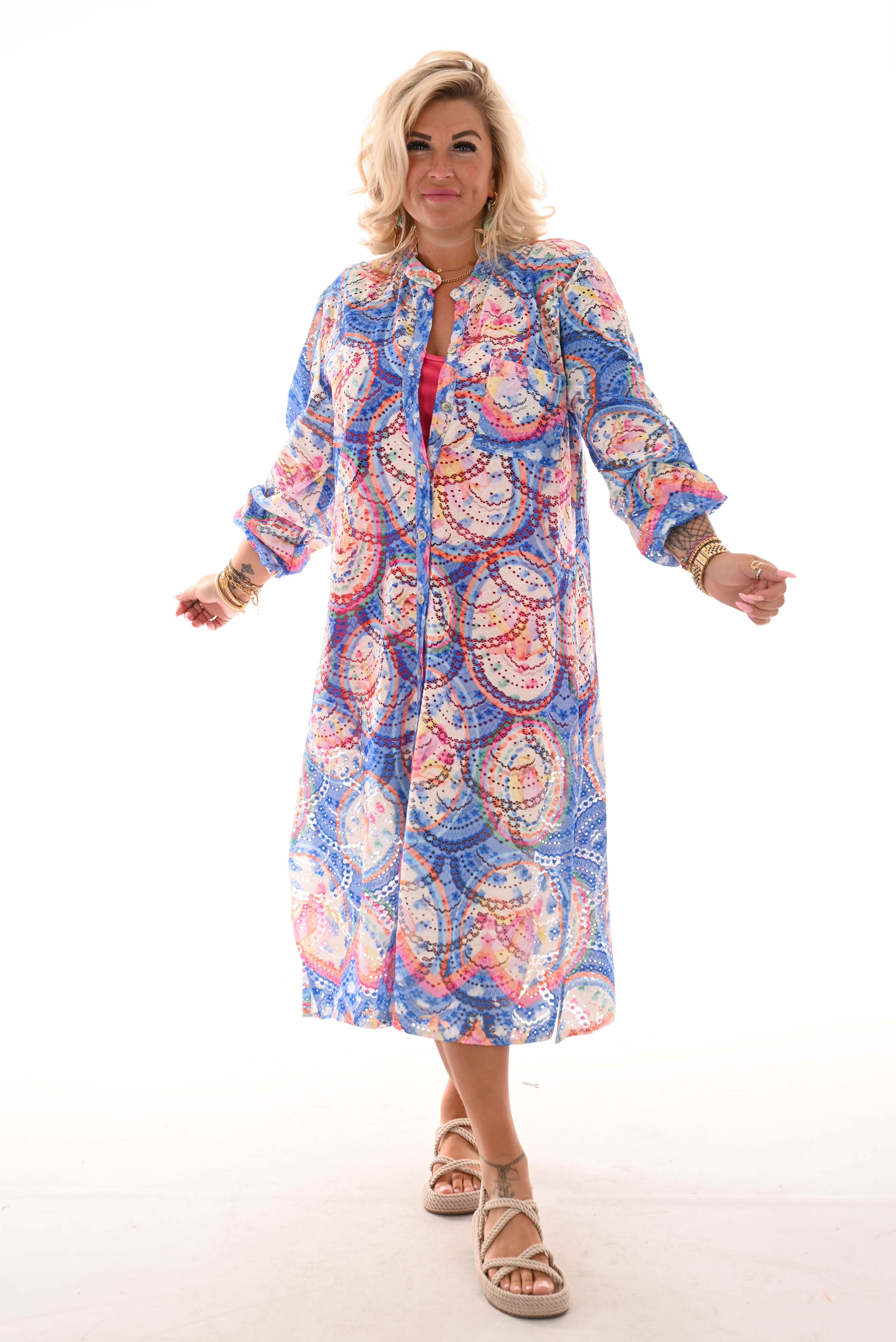 Doorknoop jurk multi colour cirkels kobaltblauw