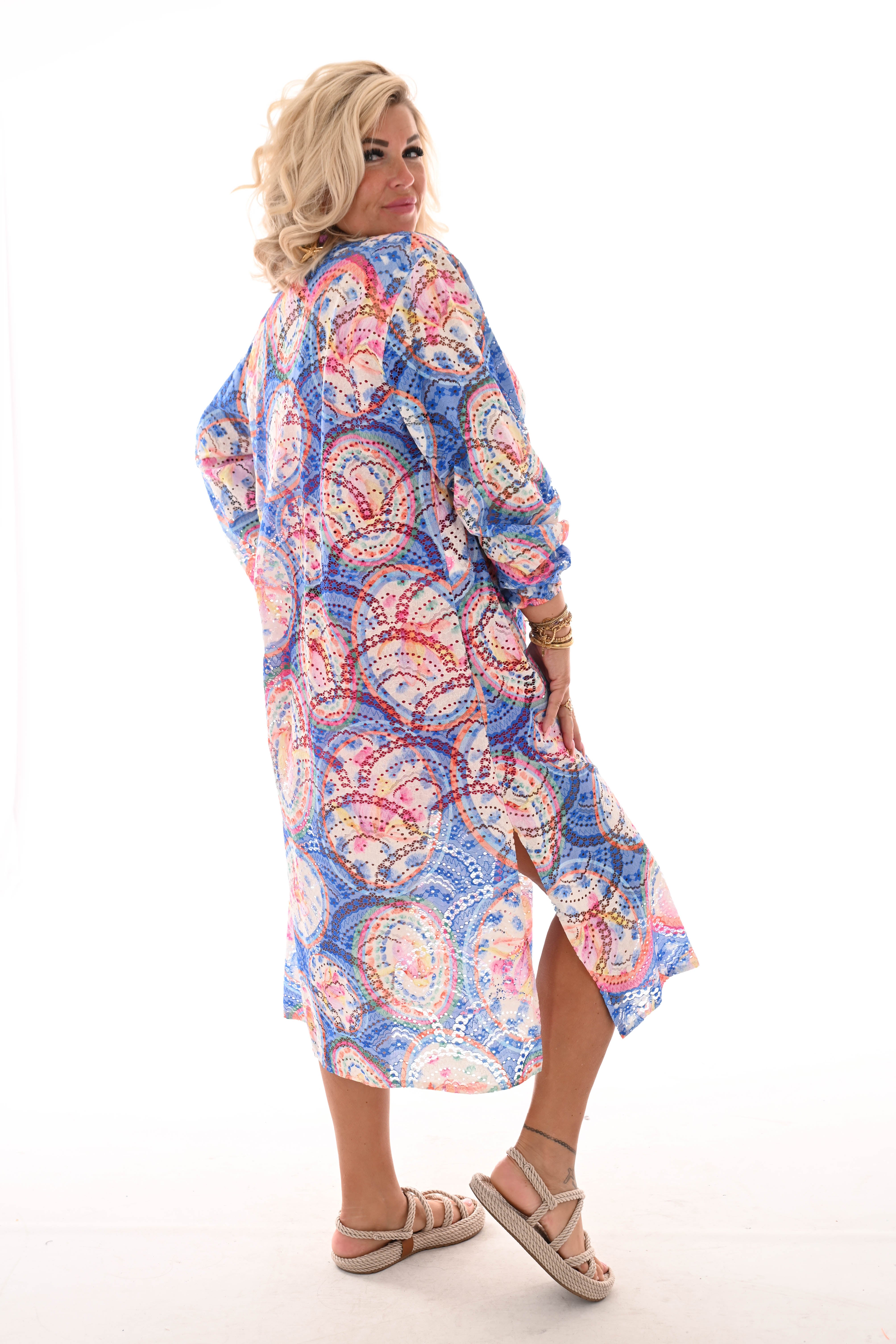Doorknoop jurk multi colour cirkels kobaltblauw