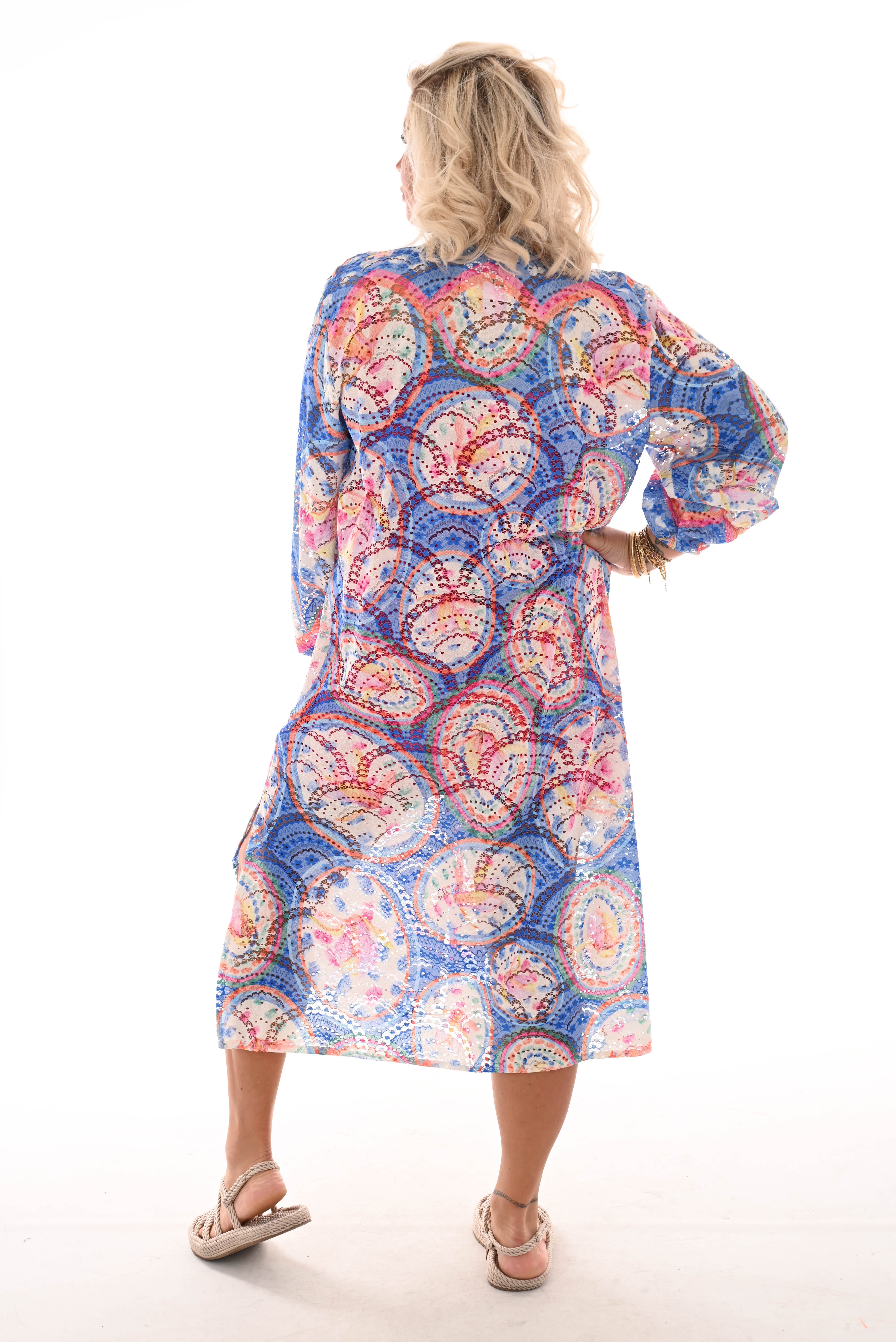 Doorknoop jurk multi colour cirkels kobaltblauw