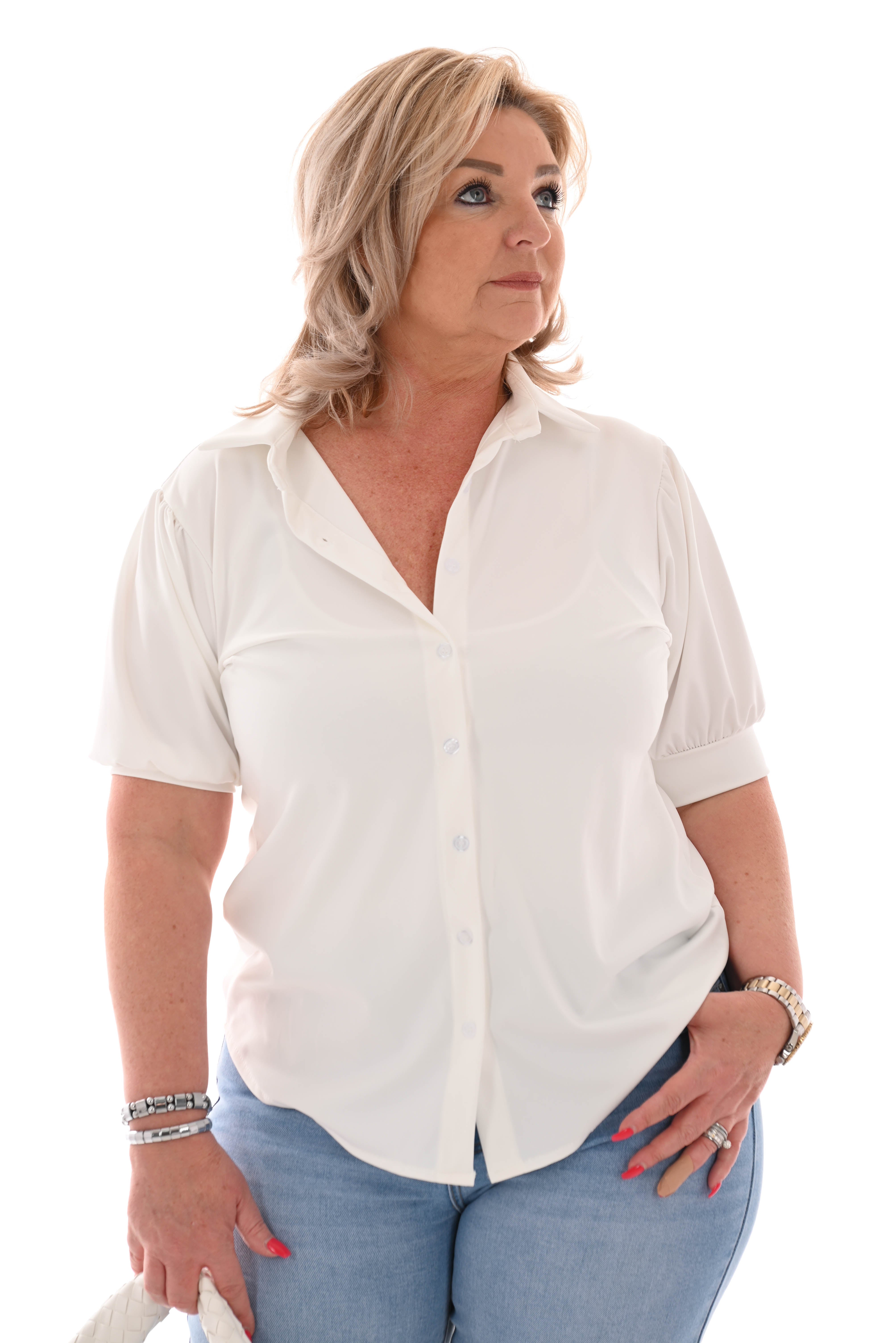 Blouse korte mouwen uni roomwit