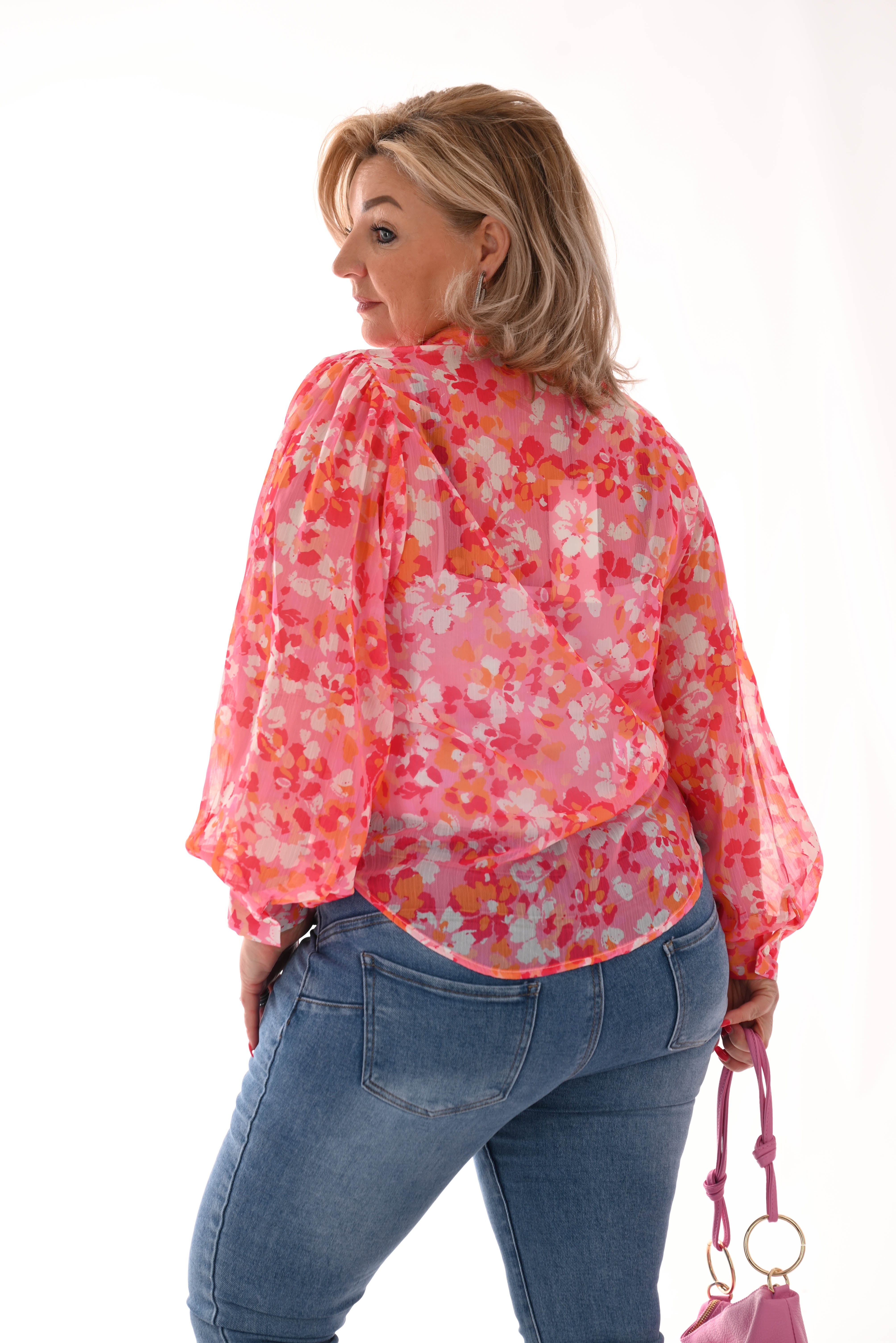Doorzichtige blouse bloemetjes lichtroze
