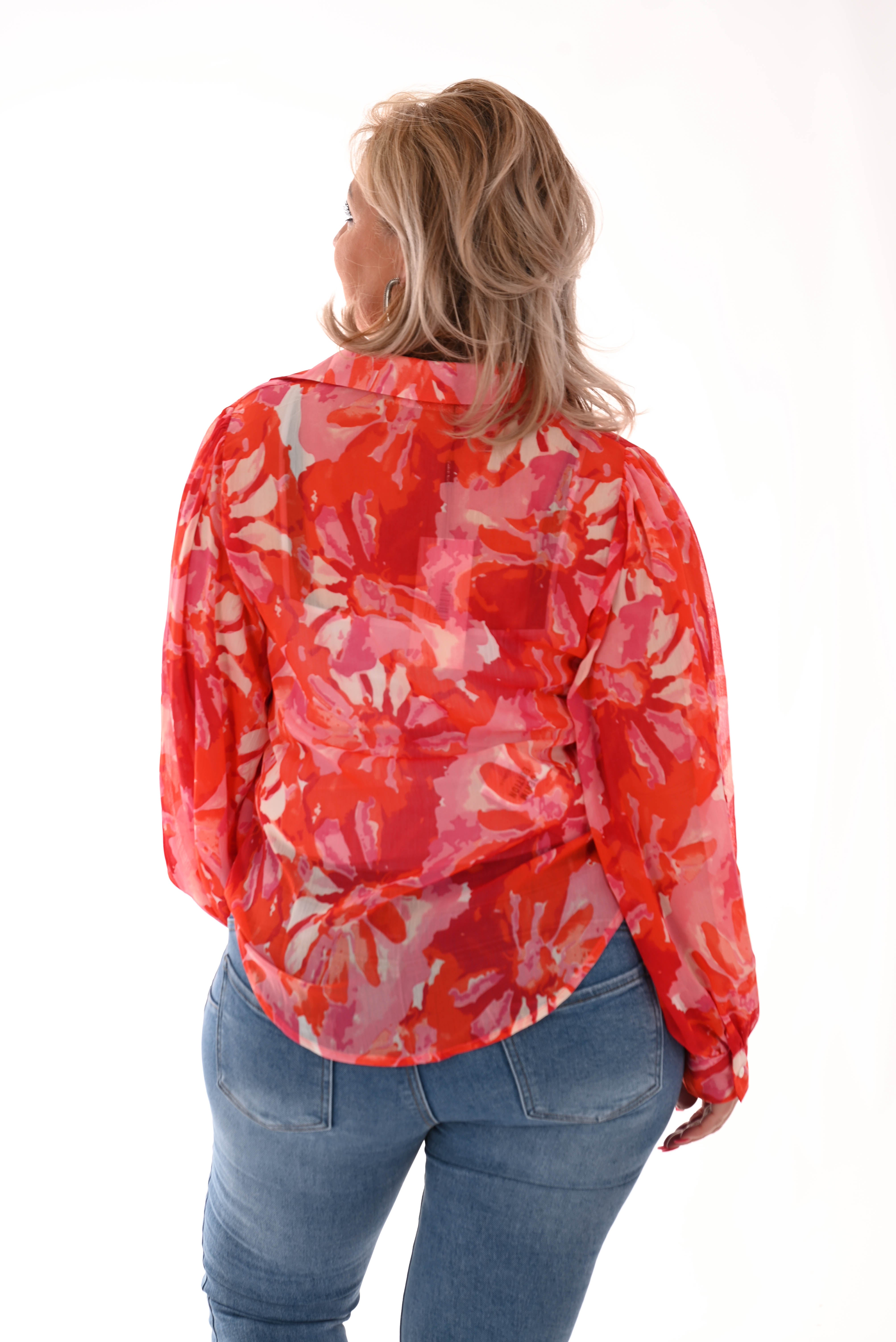 Doorzichtige blouse bloemen roze/rood