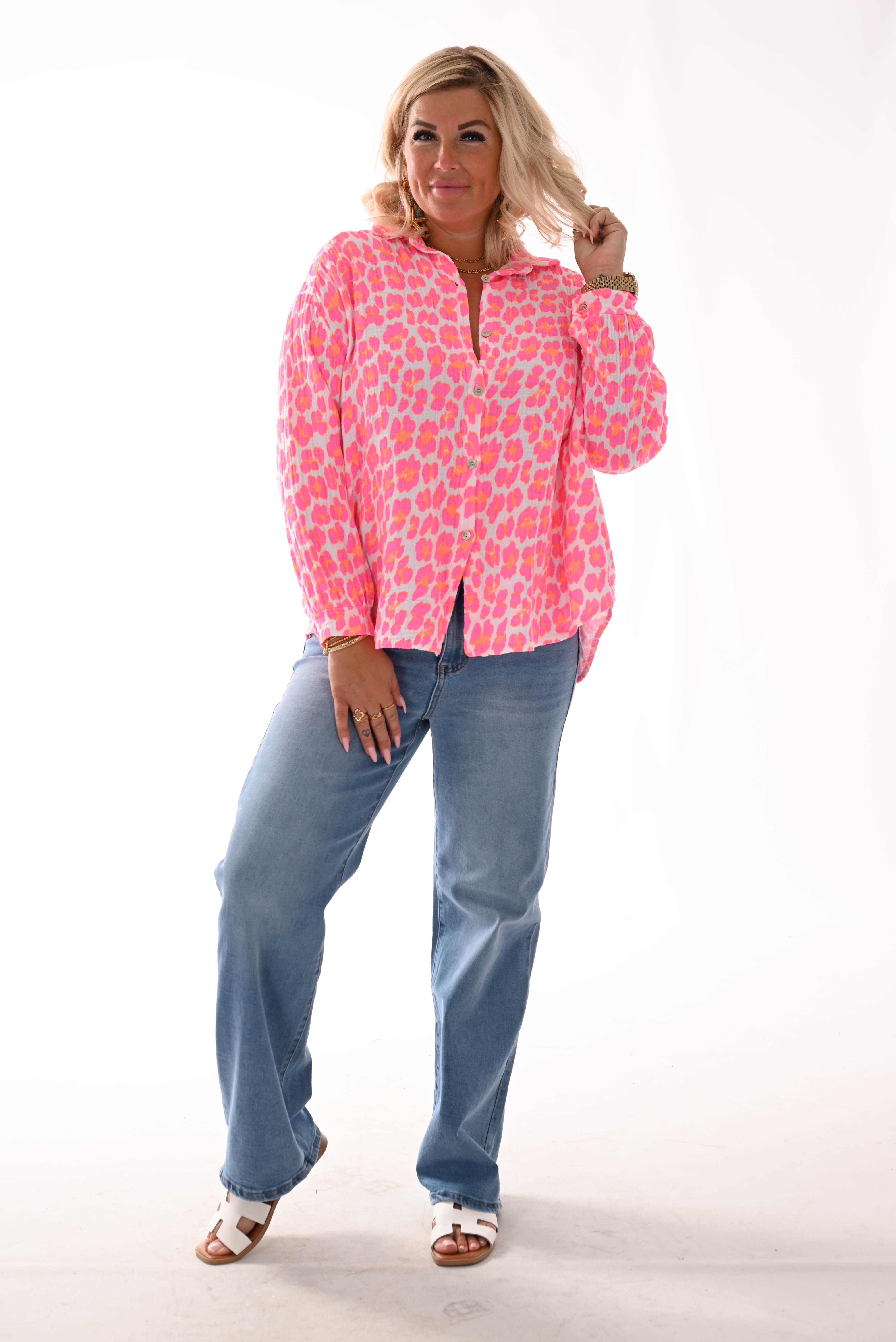 Korte blouse panterprint wit/felroze/oranje