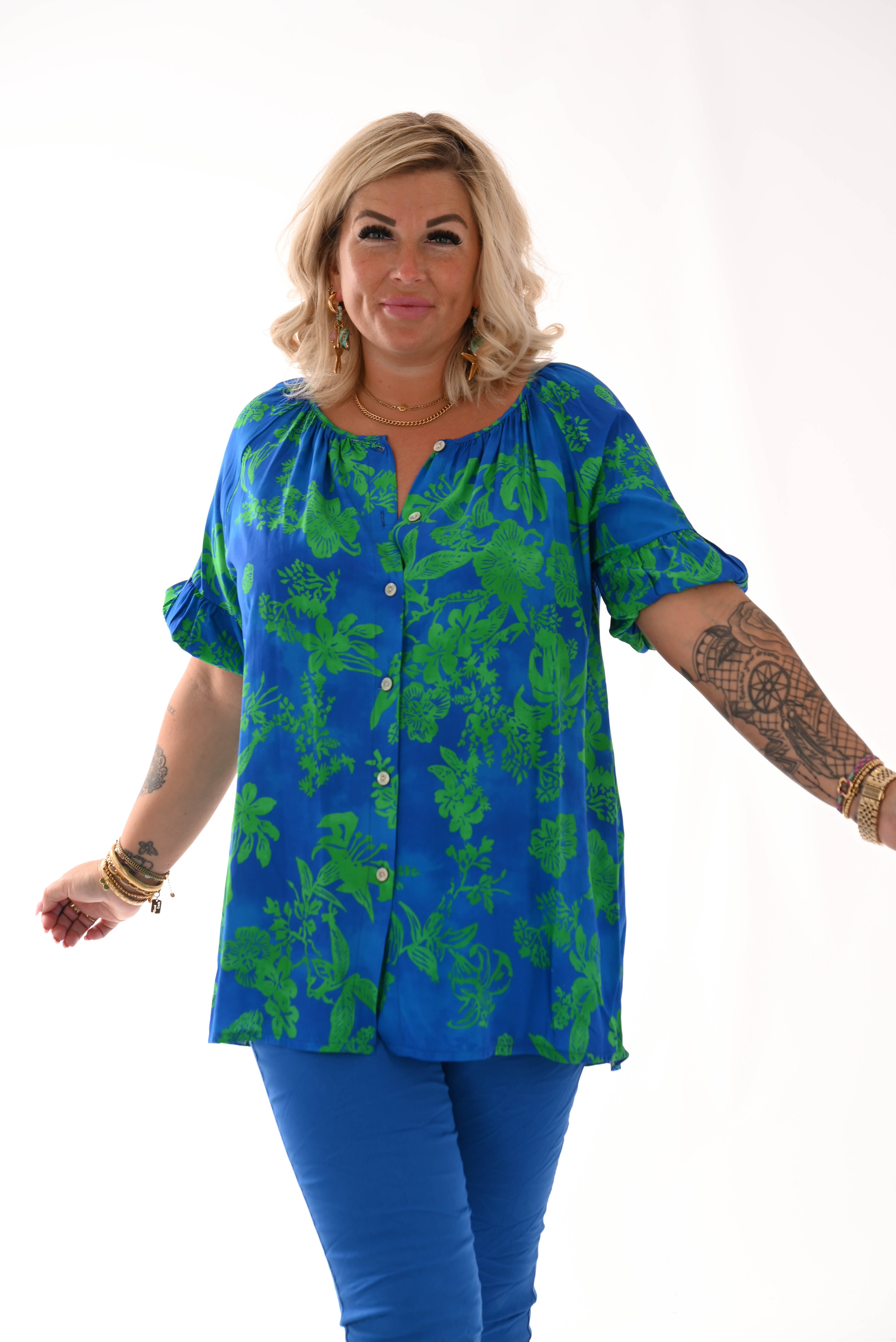 Doorknoop top pofmouwen bloemenprint kobaltblauw/groen