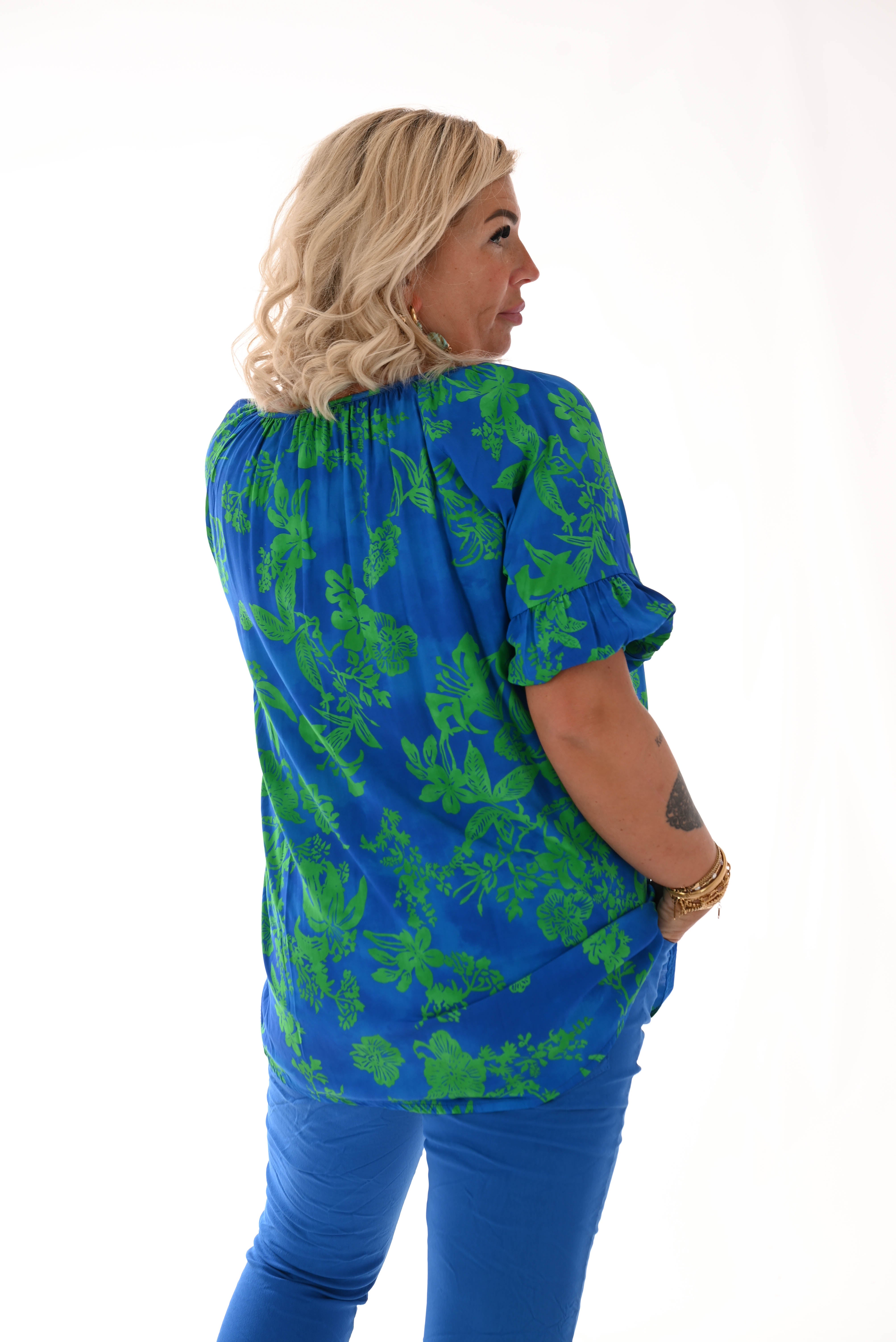 Doorknoop top pofmouwen bloemenprint kobaltblauw/groen