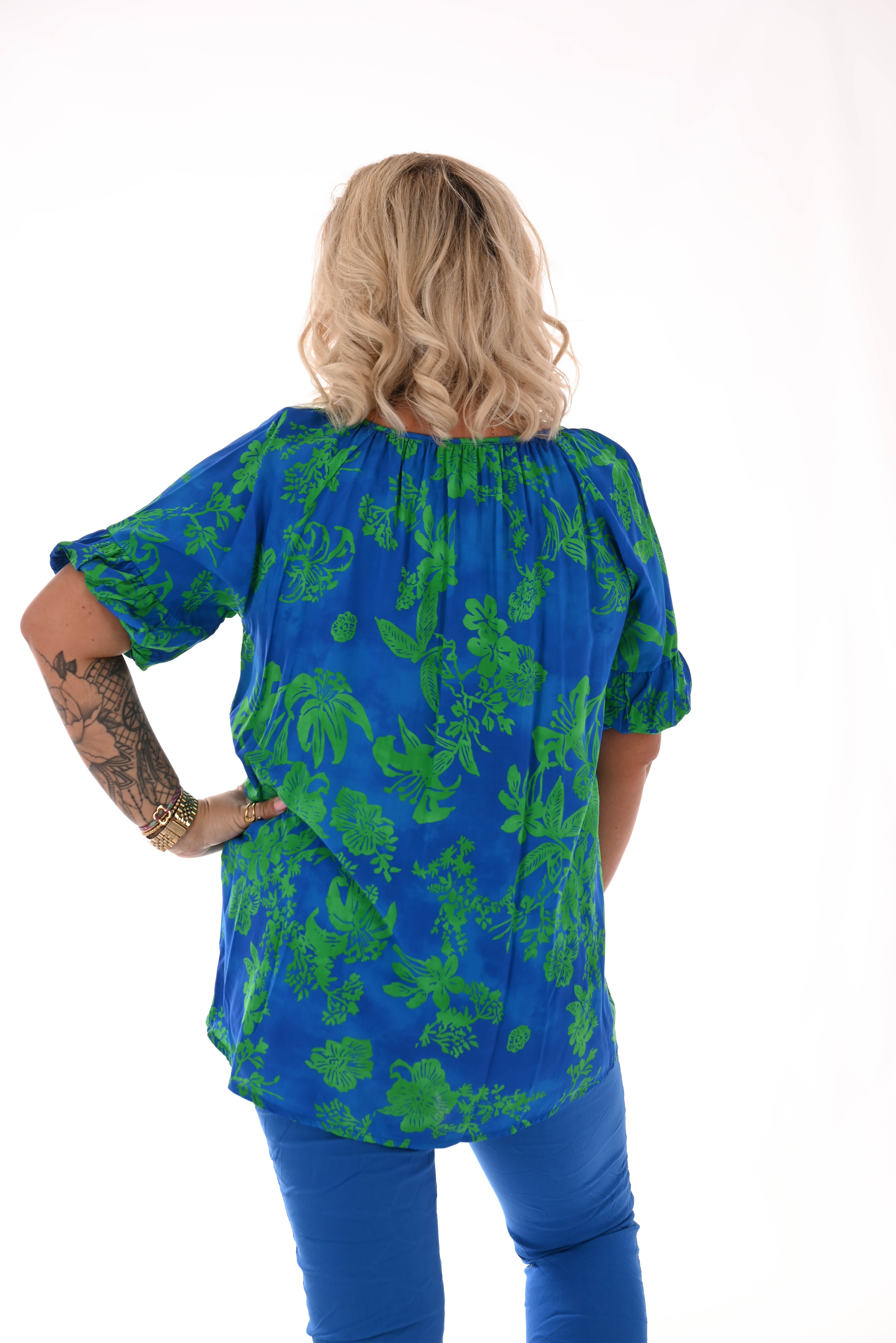 Doorknoop top pofmouwen bloemenprint kobaltblauw/groen