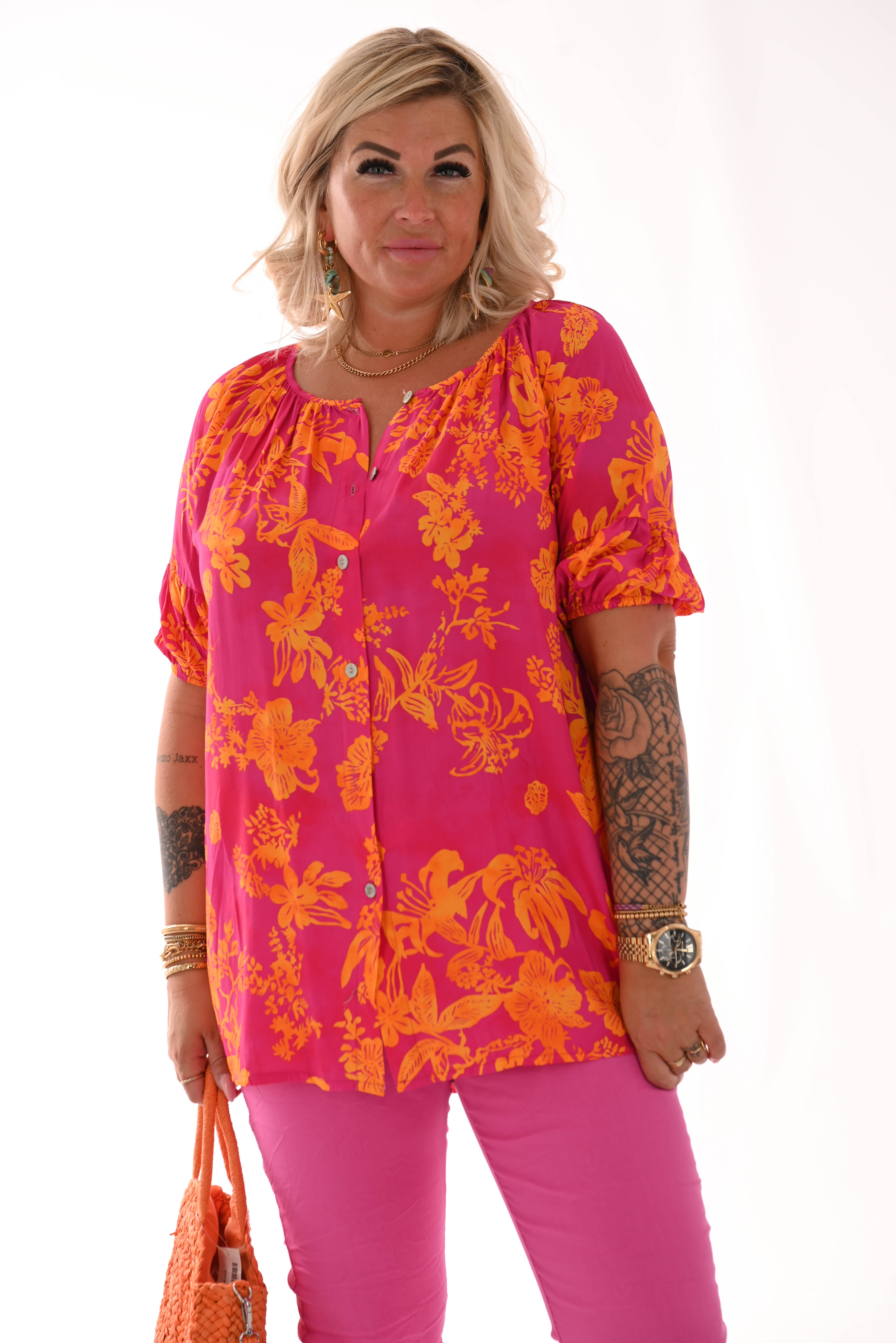 Doorknoop top pofmouwen bloemenprint fuchsia/oranje