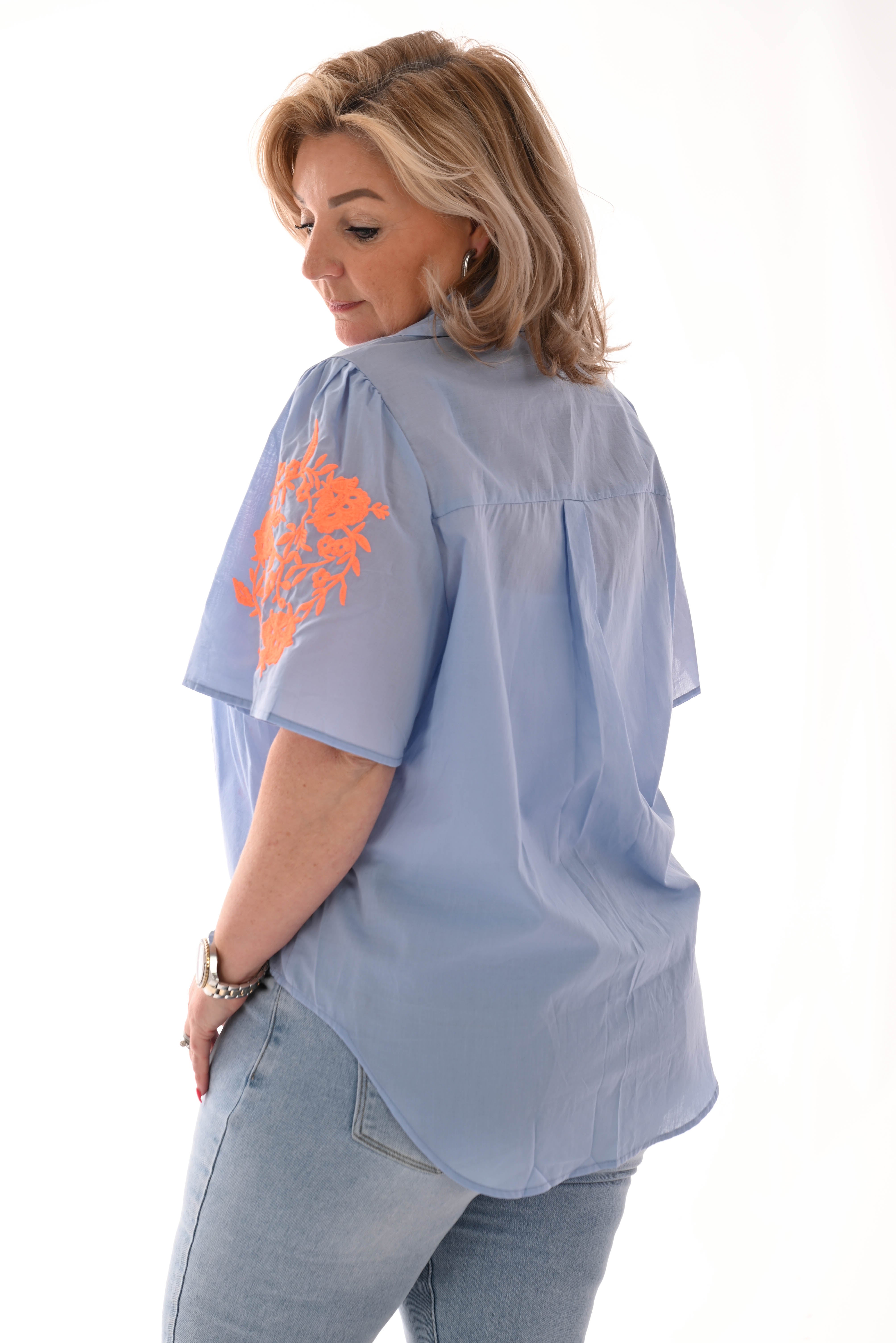Blouse korte mouwen bies blauw/oranje