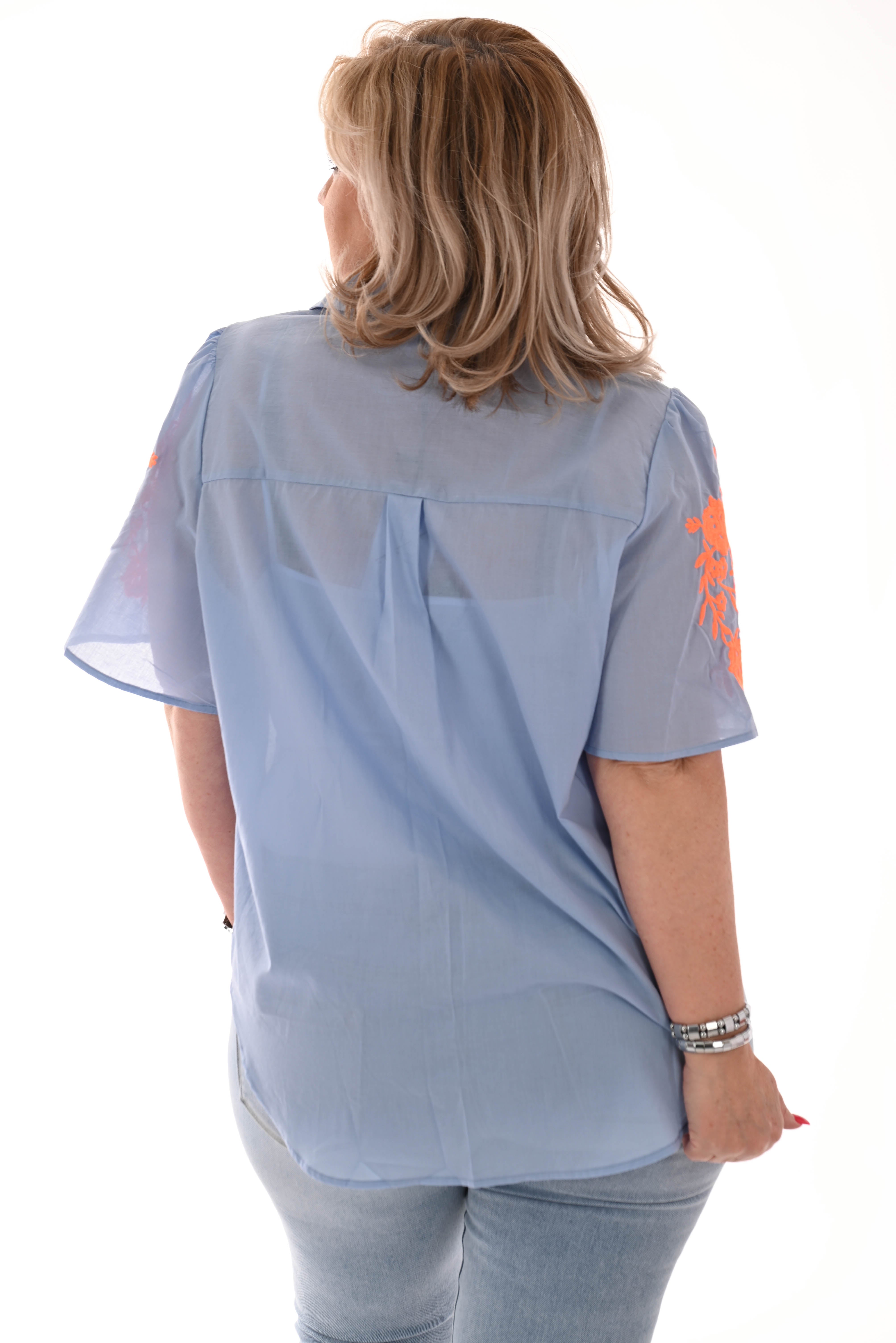 Blouse korte mouwen bies blauw/oranje