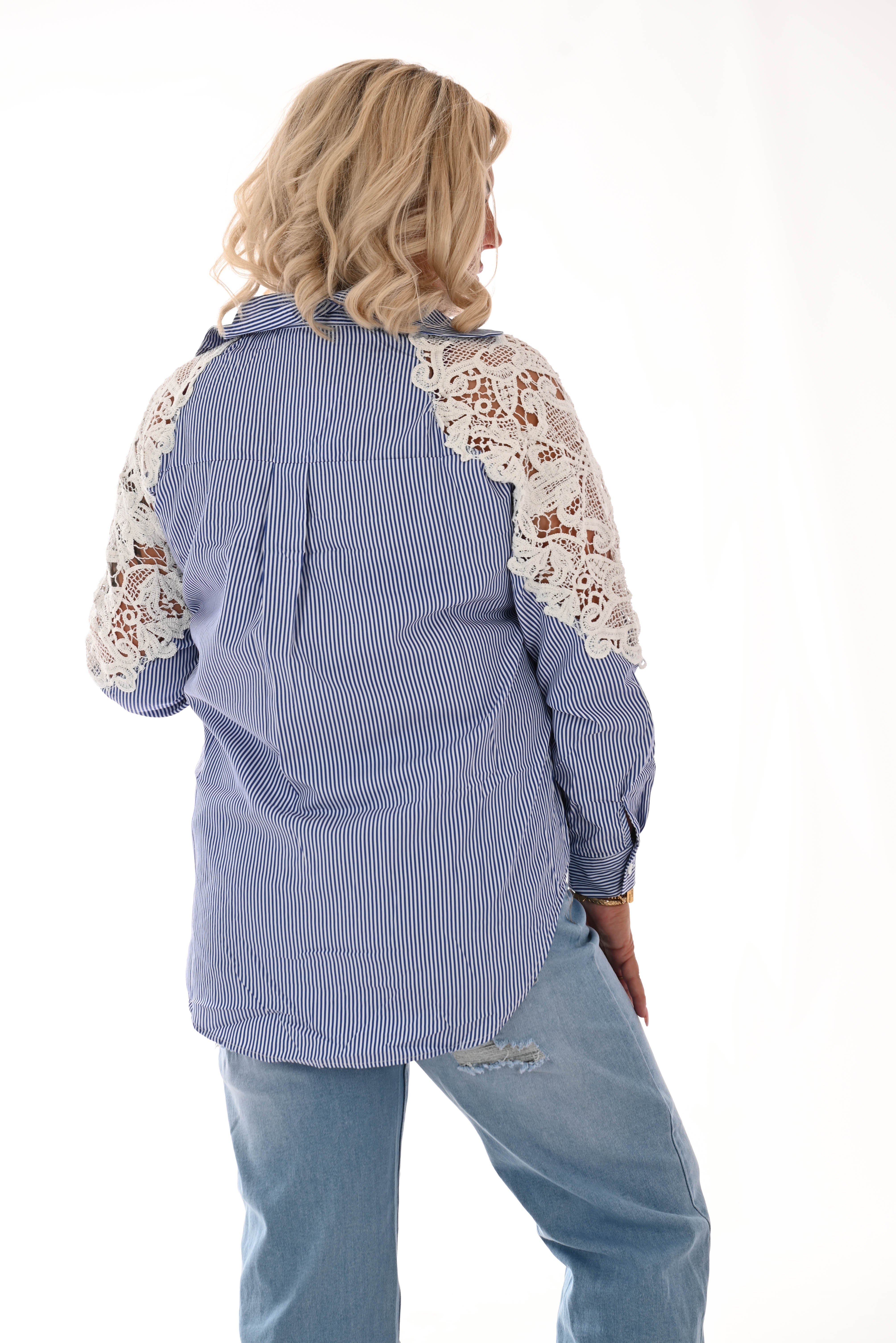 Gestreepte blouse kanten schouder blauw