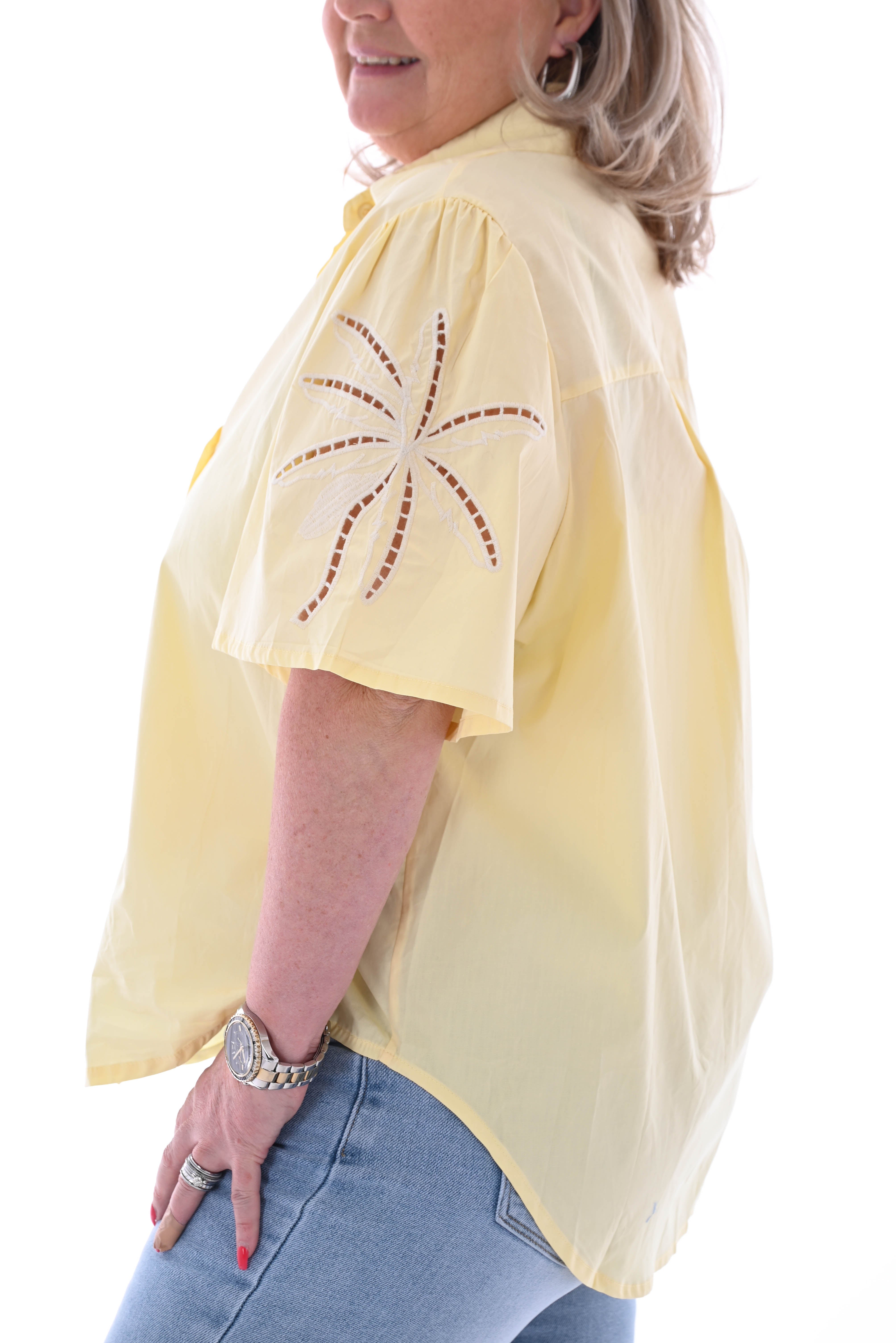 Blouse palmbomen korte mouwen geel