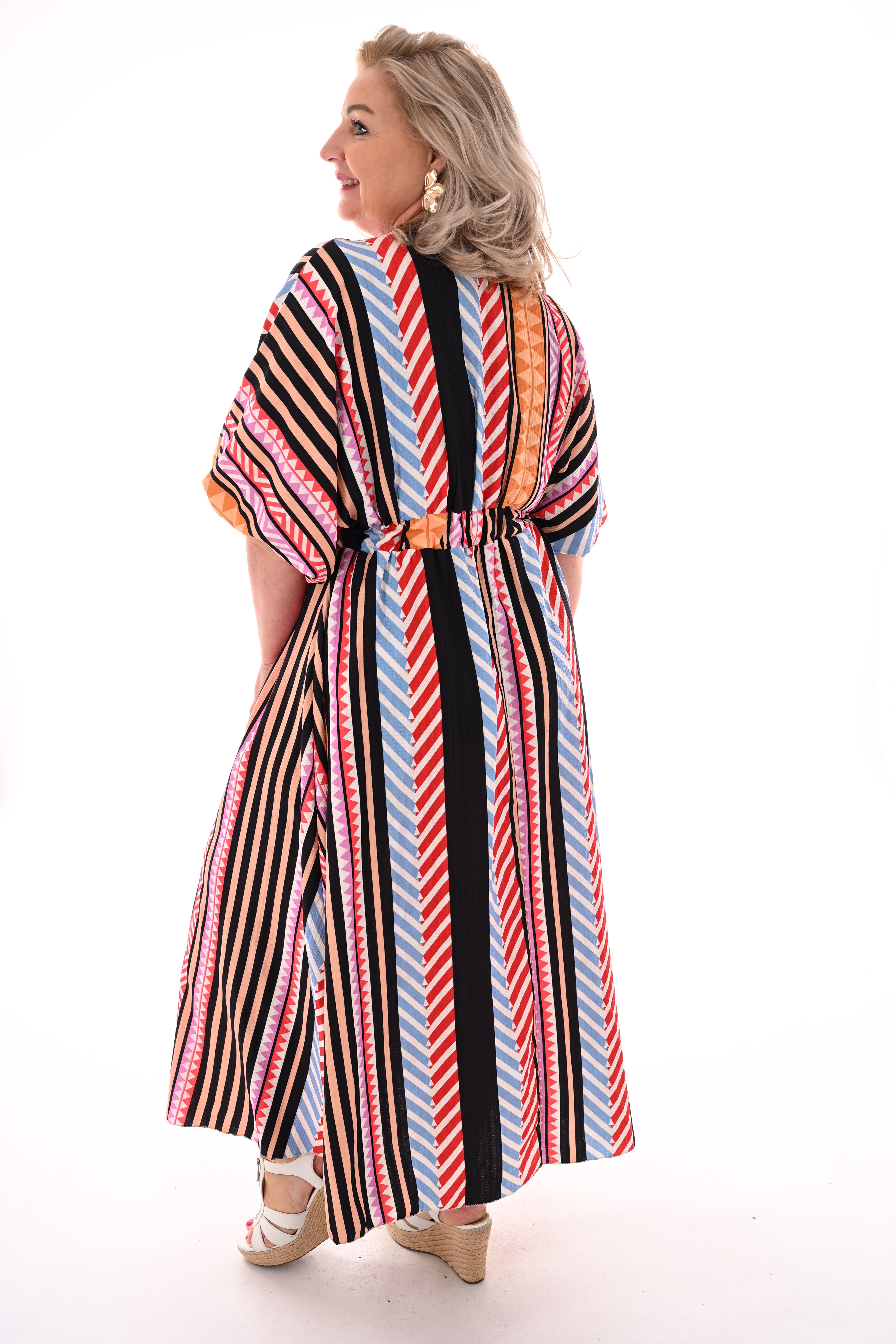 Lange jurk v-hals smock zwart/oranje