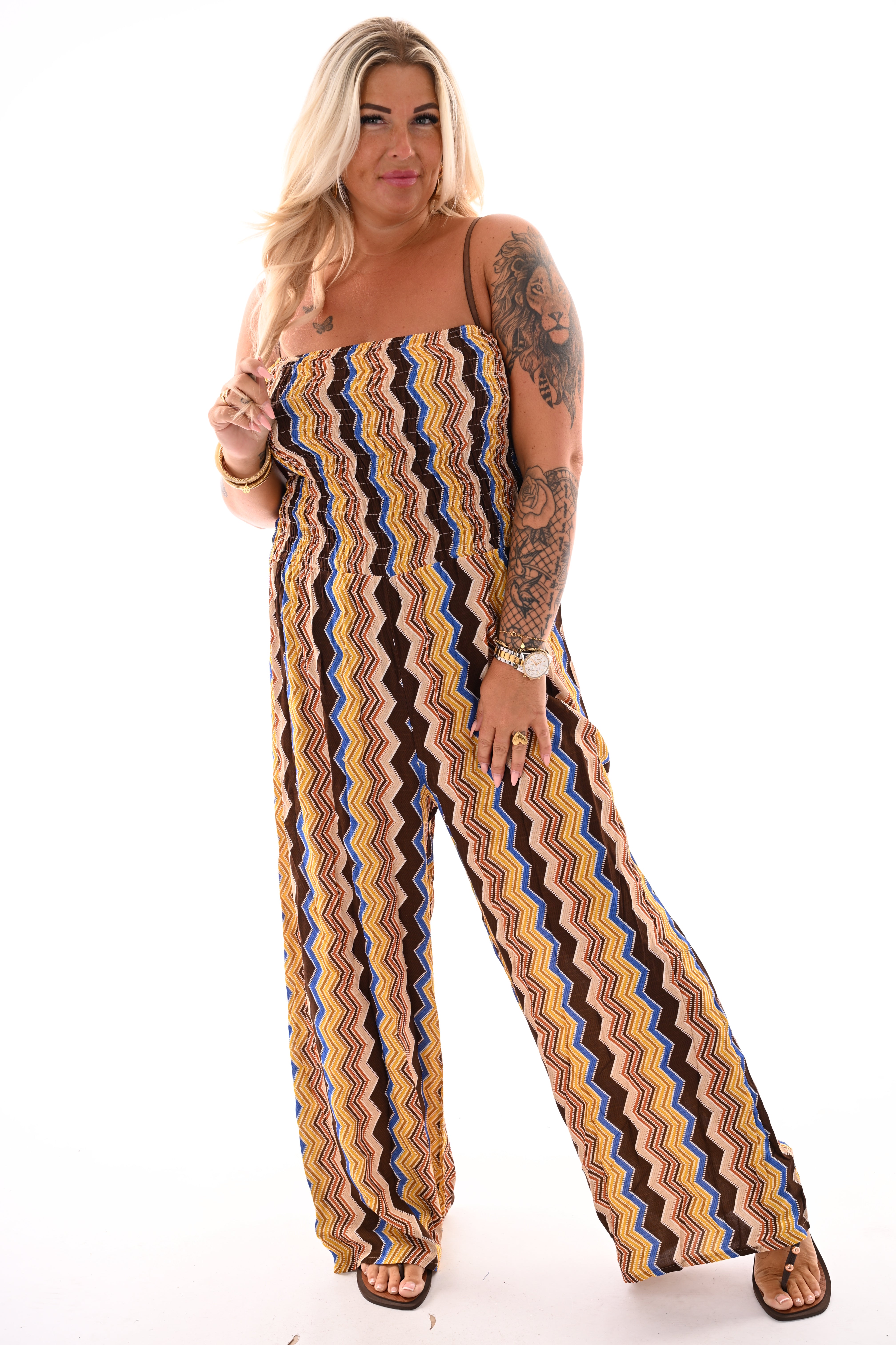 Strapless jumpsuit zigzag donkerbruin