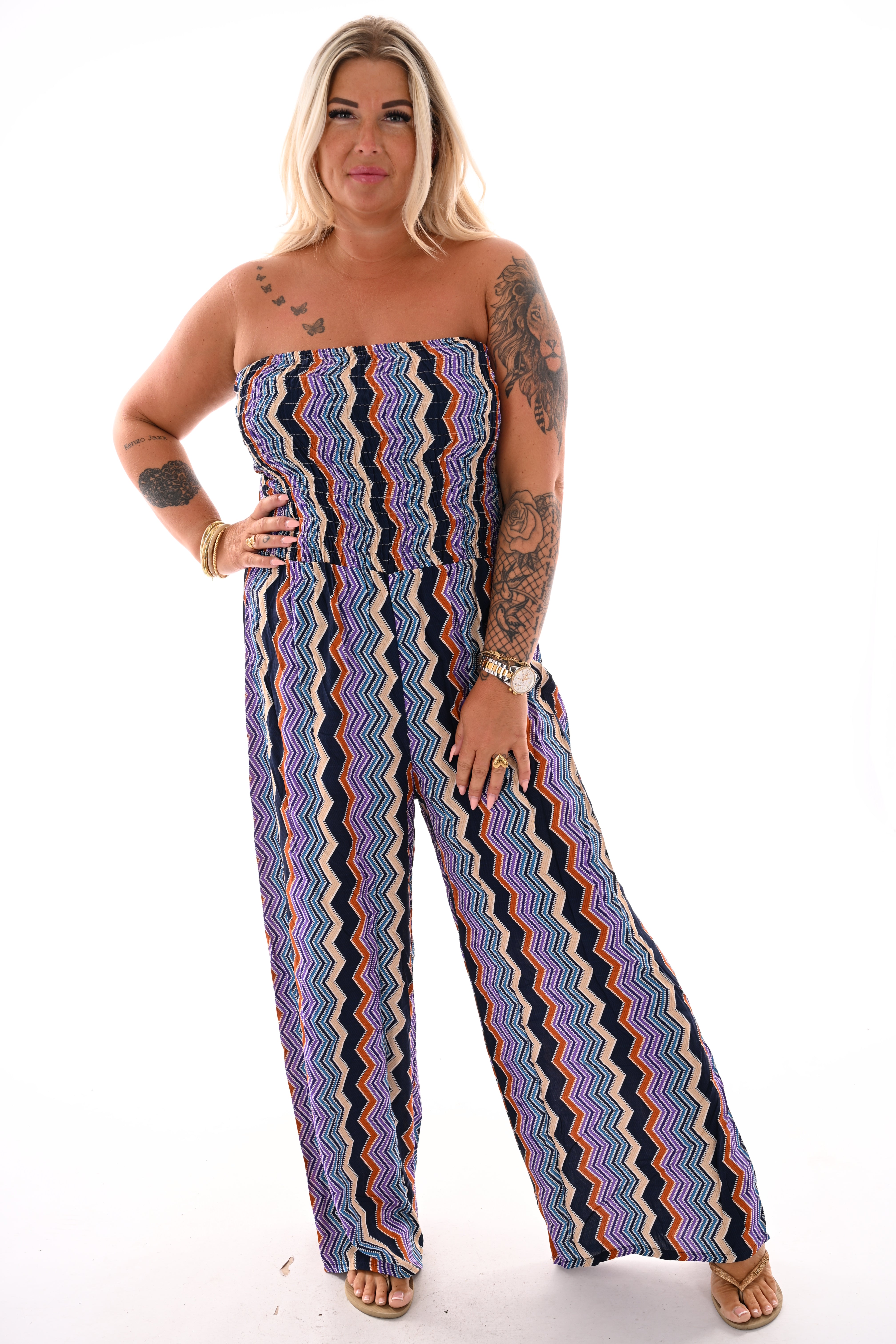 Strapless jumpsuit zigzag marineblauw