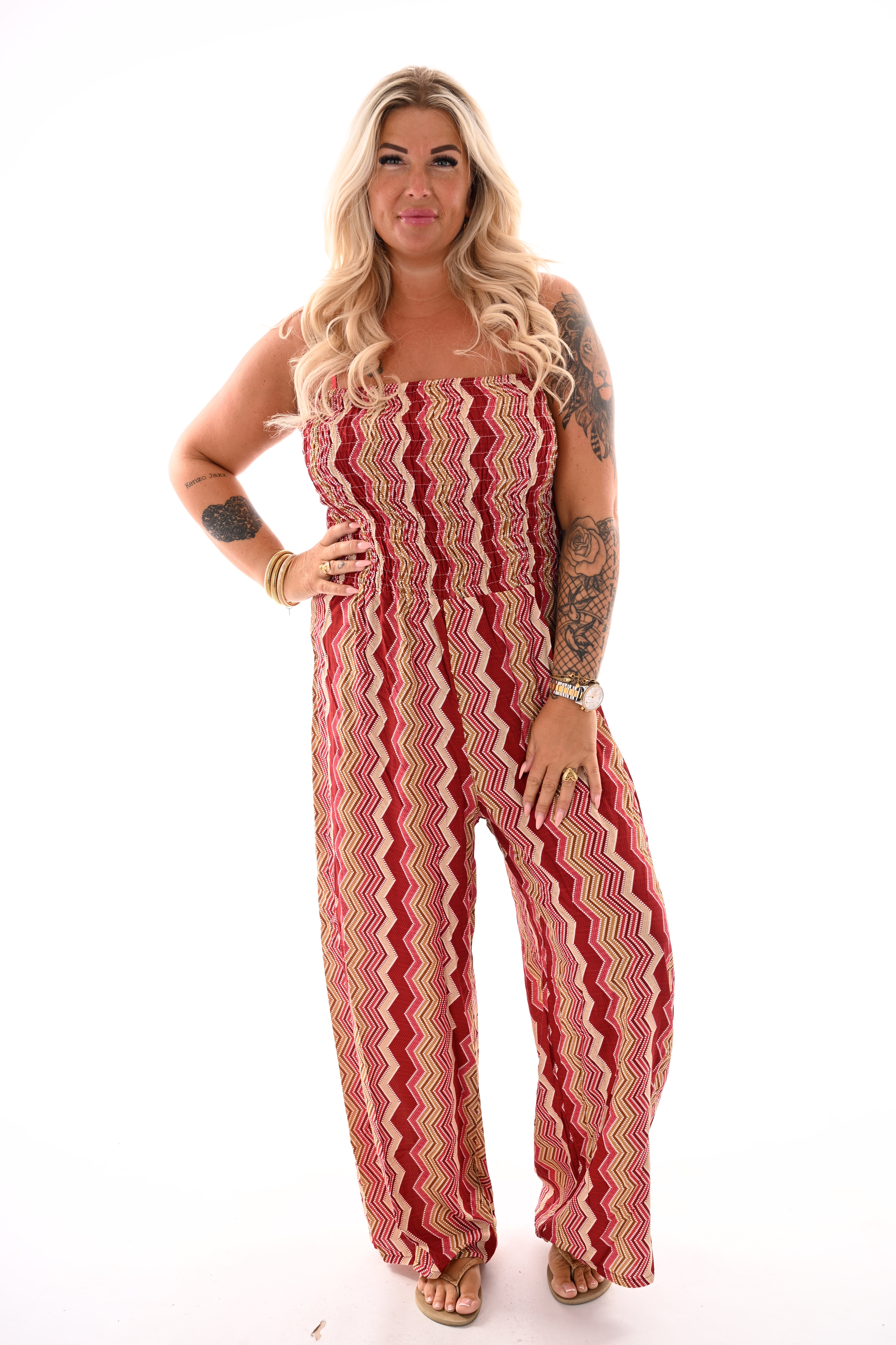 Strapless jumpsuit zigzag rood