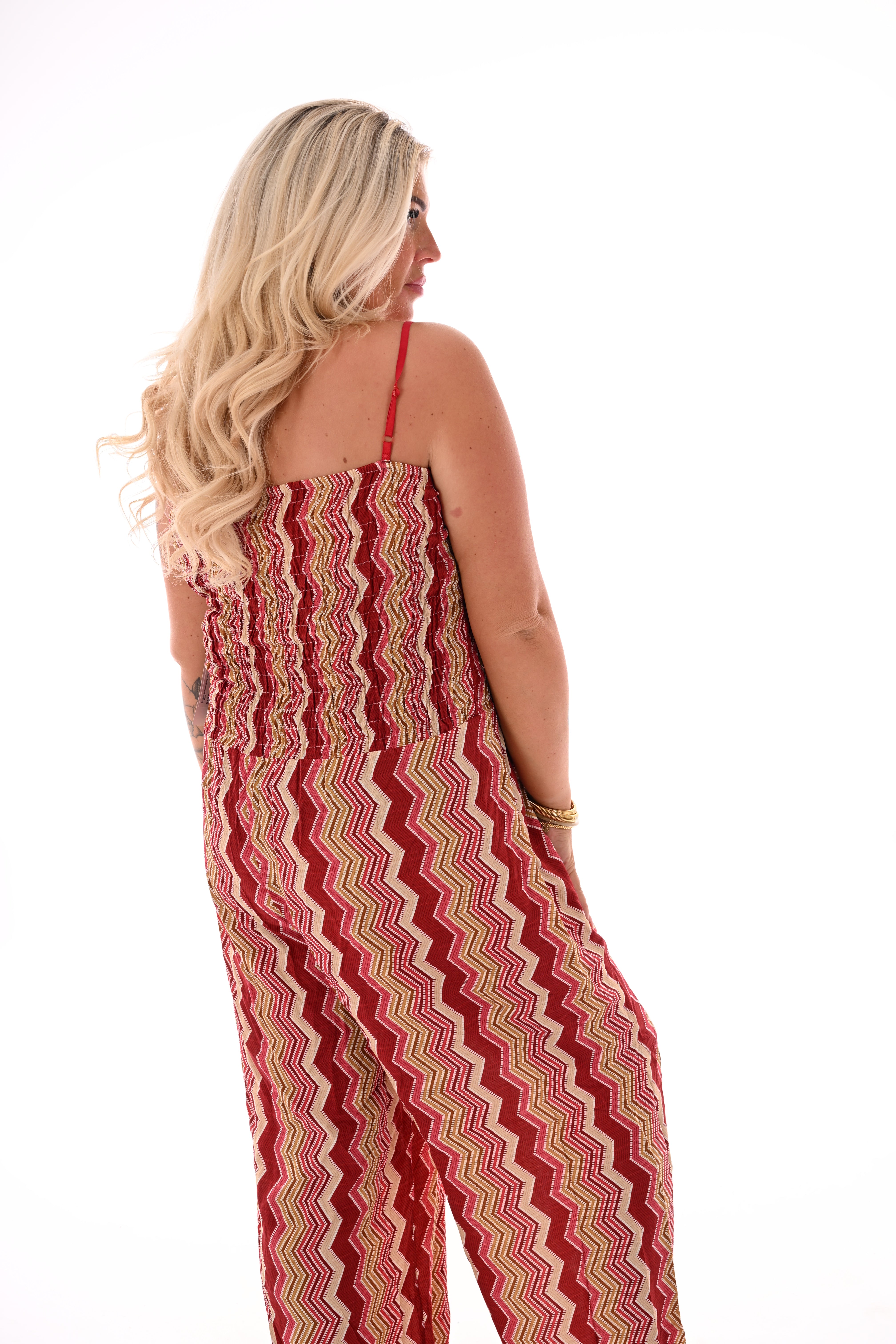 Strapless jumpsuit zigzag rood